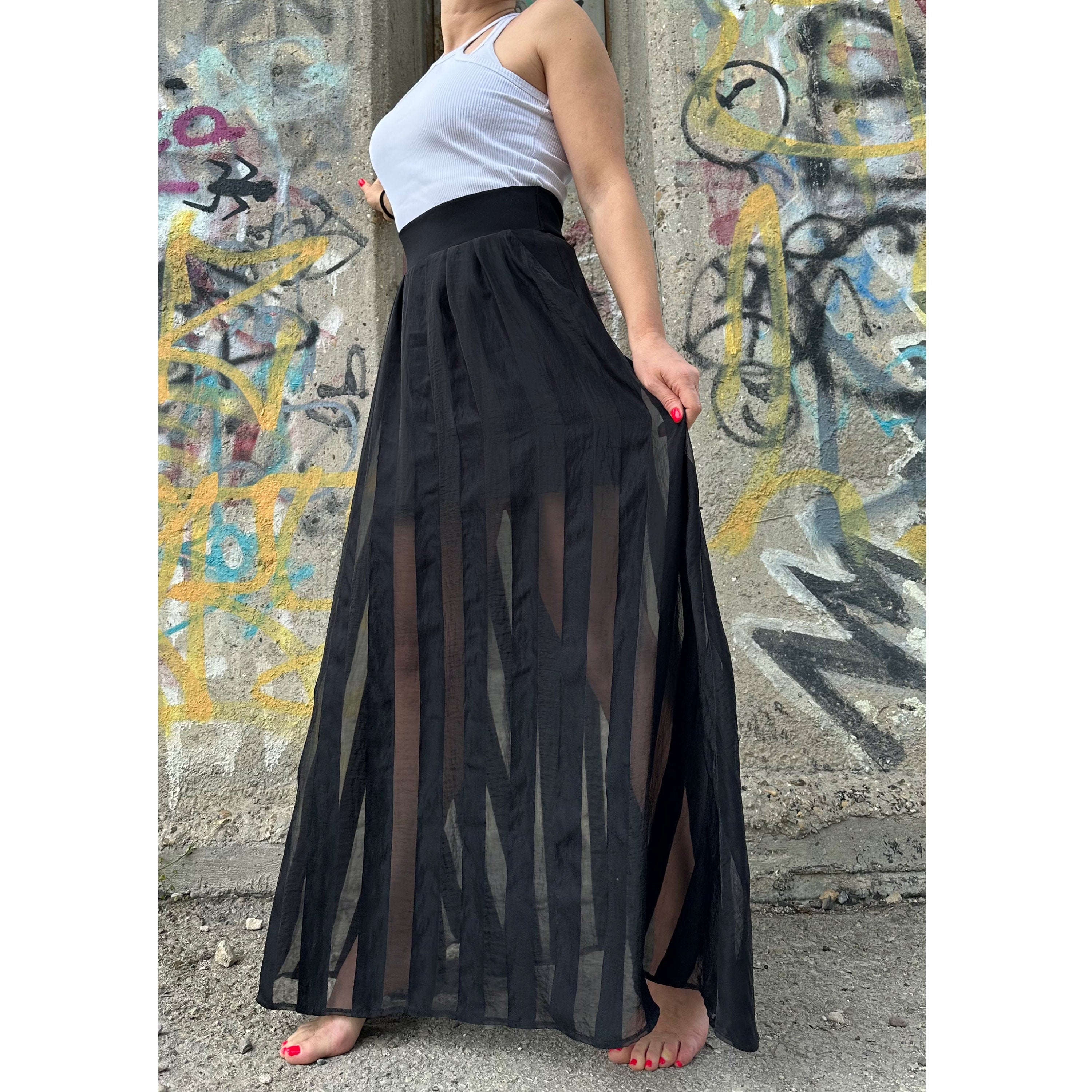 Black Maxi Skirt – High Waist with Cotton and Sheer Organza Stripes