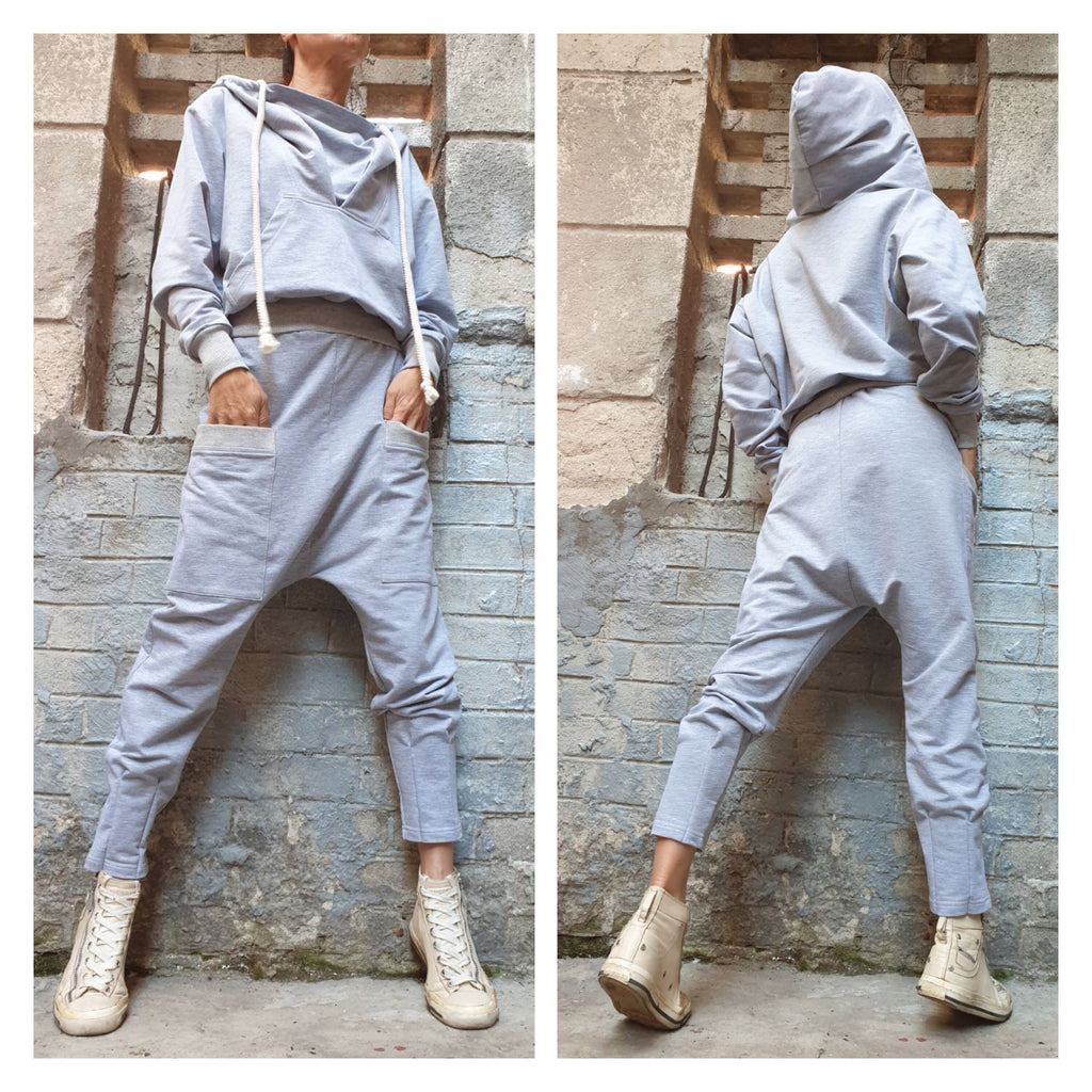 Cotton Hooded Blouse: Sport Elegant Grey Long Sleeve Top