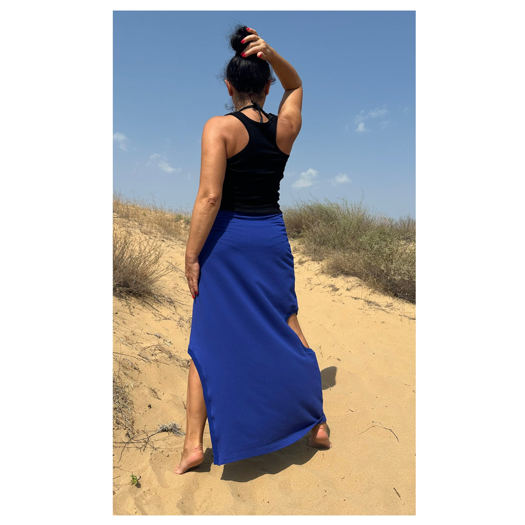 High-Waisted Cotton Skirt – Blue Maxi Skirt with Side Cut-Out and Slit / Handmade Summer Fashion