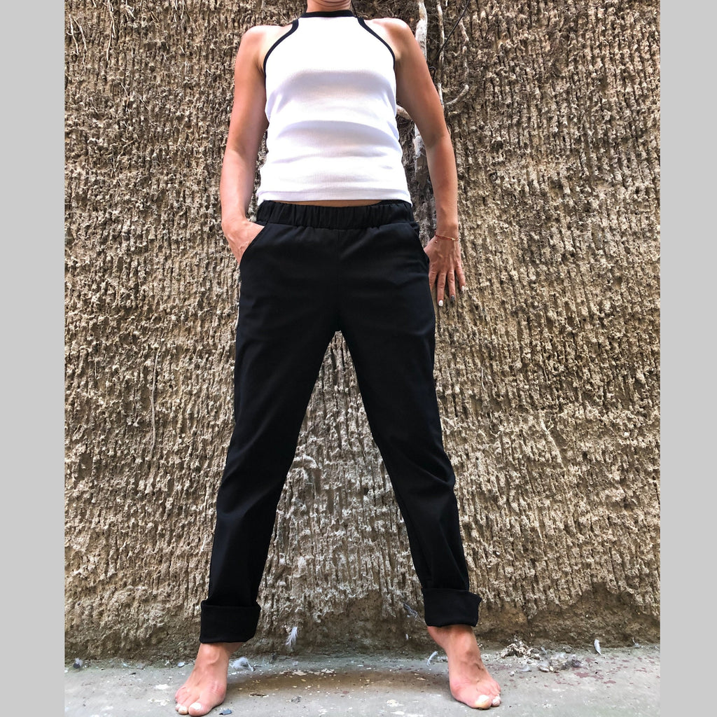 Women’s Casual Cotton Pants – High-Waist Elastic Trousers with Side Pockets / Everyday Straight-Leg Pants / Minimalist Soft Fabric Pants