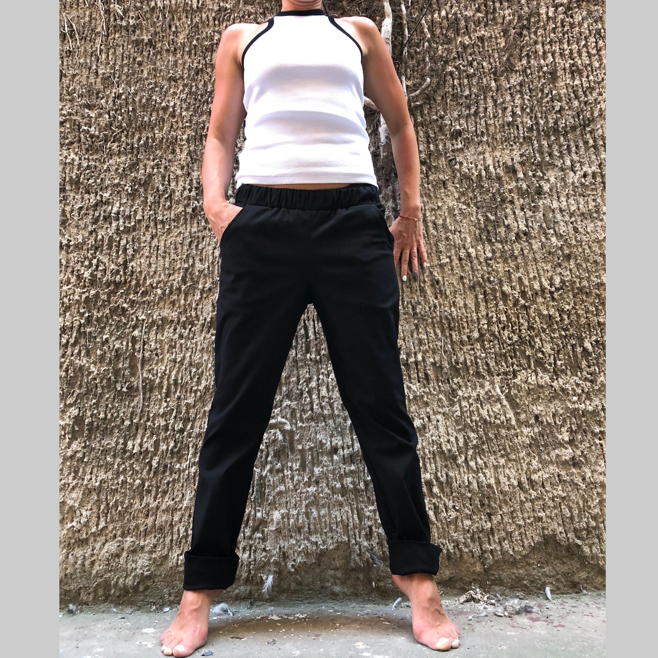 Women’s Casual Cotton Pants – High-Waist Elastic Trousers with Side Pockets / Everyday Straight-Leg Pants / Minimalist Soft Fabric Pants