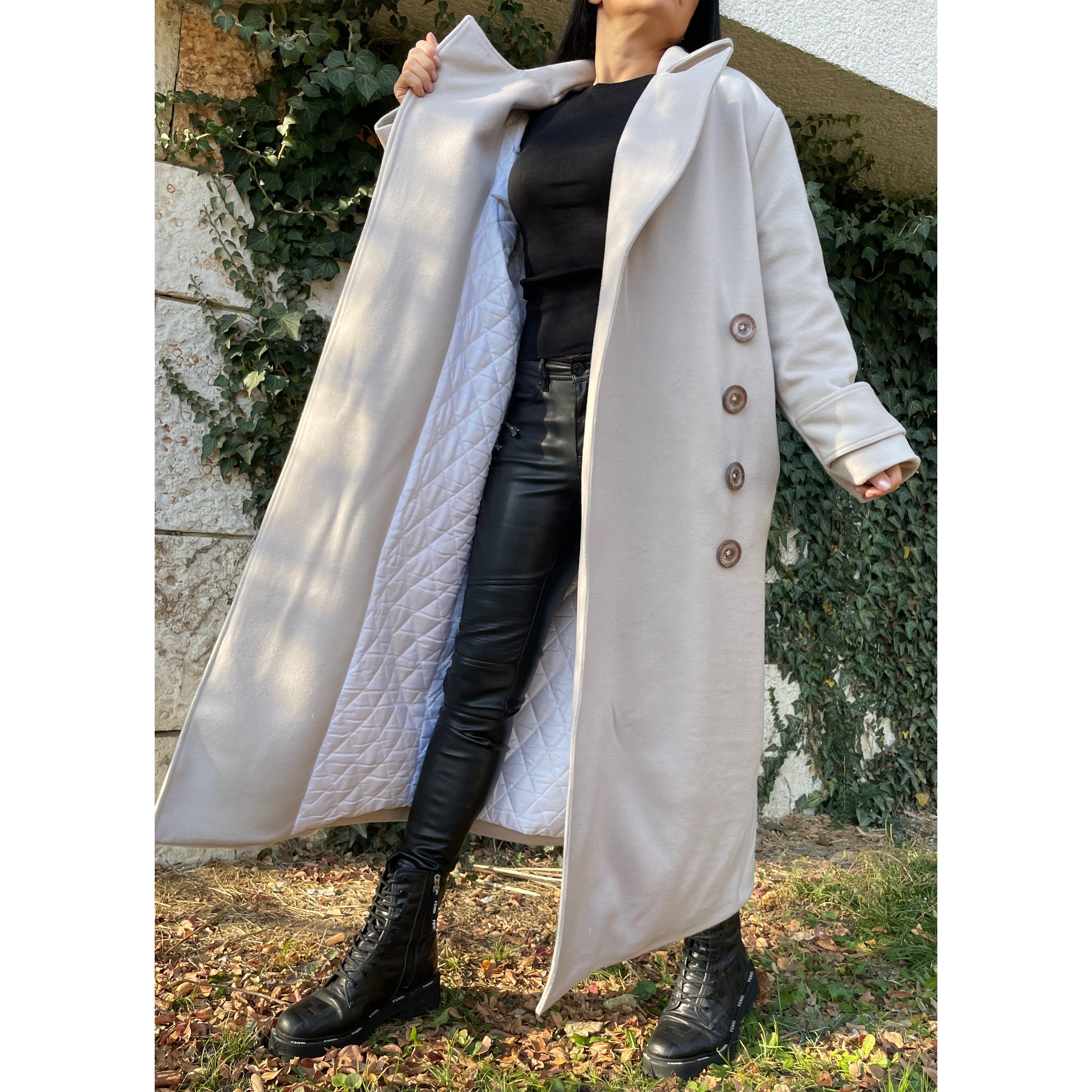Oversized Wool Blend Coat – Long Lined Beige Overcoat with Asymmetric Button Closure