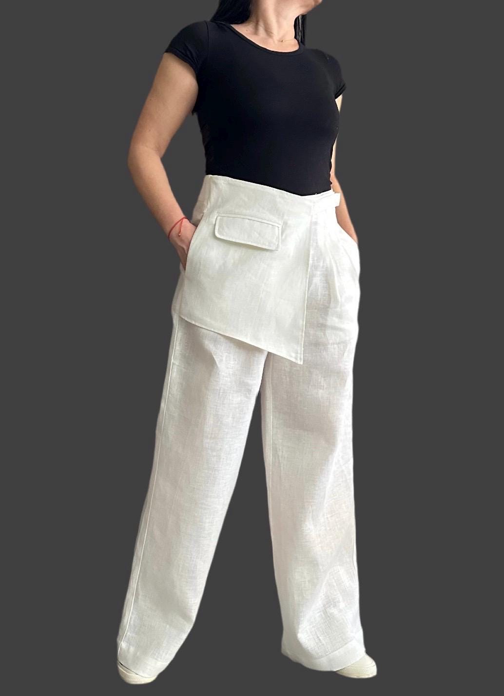 Linen Wide Leg Pants / Asymmetric High Waist Summer Trousers