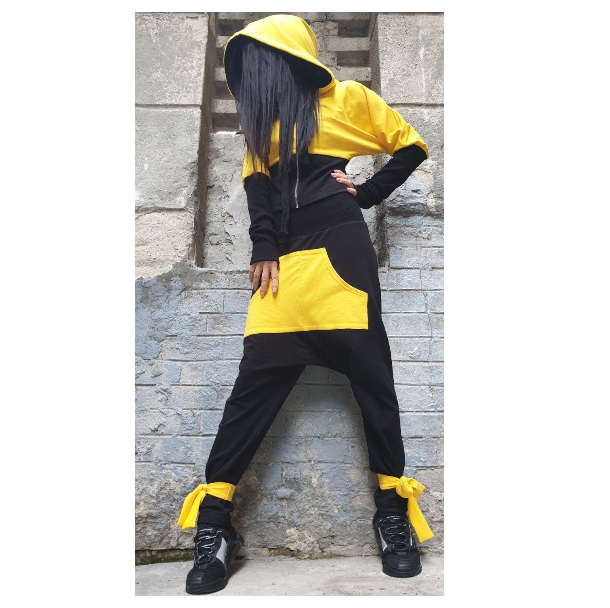 Yellow & Black Cotton Tracksuit – Hooded Crop Jacket / Harem Pants with Pocket