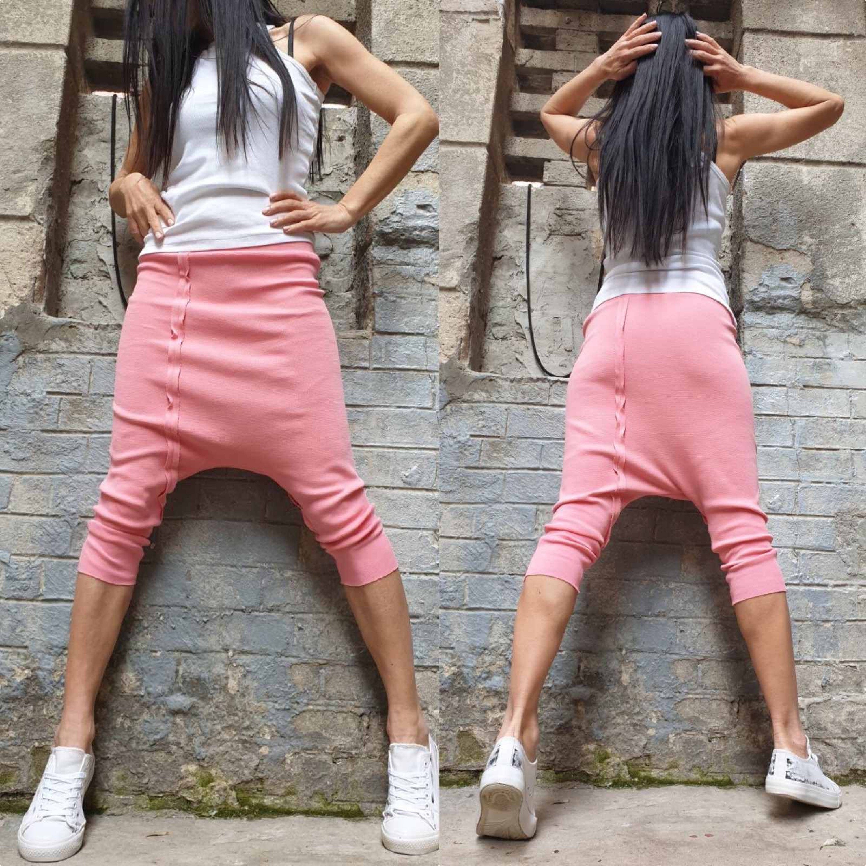 Pink Asymmetric Hooded Vest & Harem Pants Set – Warm Cotton Fleece Outfit / Avant-Garde Urban Two Piece