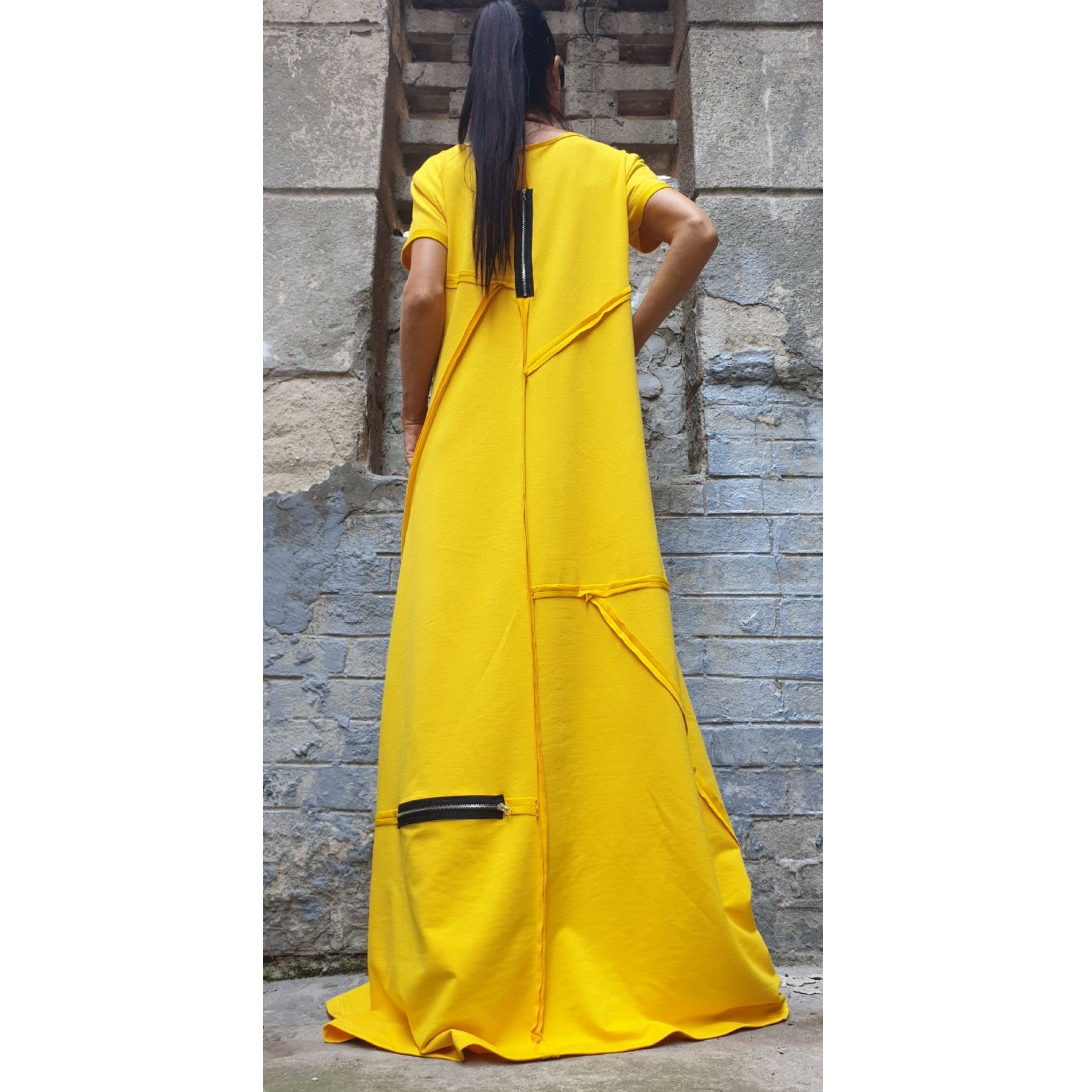 Yellow Maxi Dress – Loose Cotton Dress with Zippers / Short Sleeve Avantgarde Dress / Oversized Summer Dress / Designer Long Dress