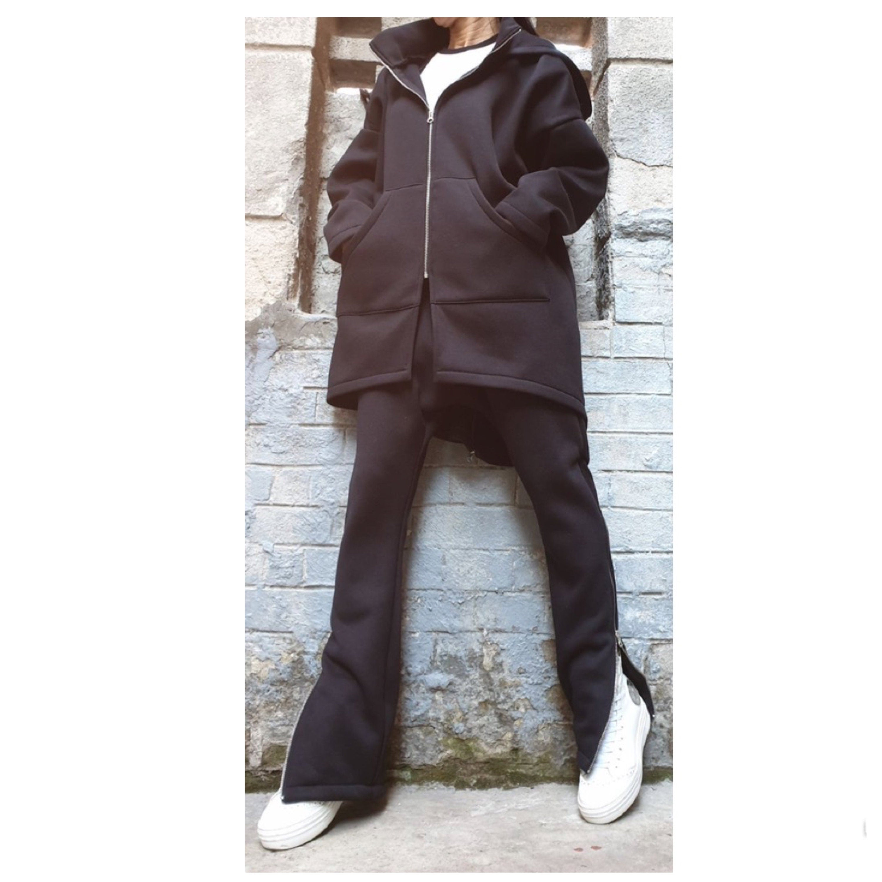 Asymmetric Black Cotton MIDI Coat with Hood – Warm Three-Thread Fleece / Double Zippers / Avant-Garde Jacket