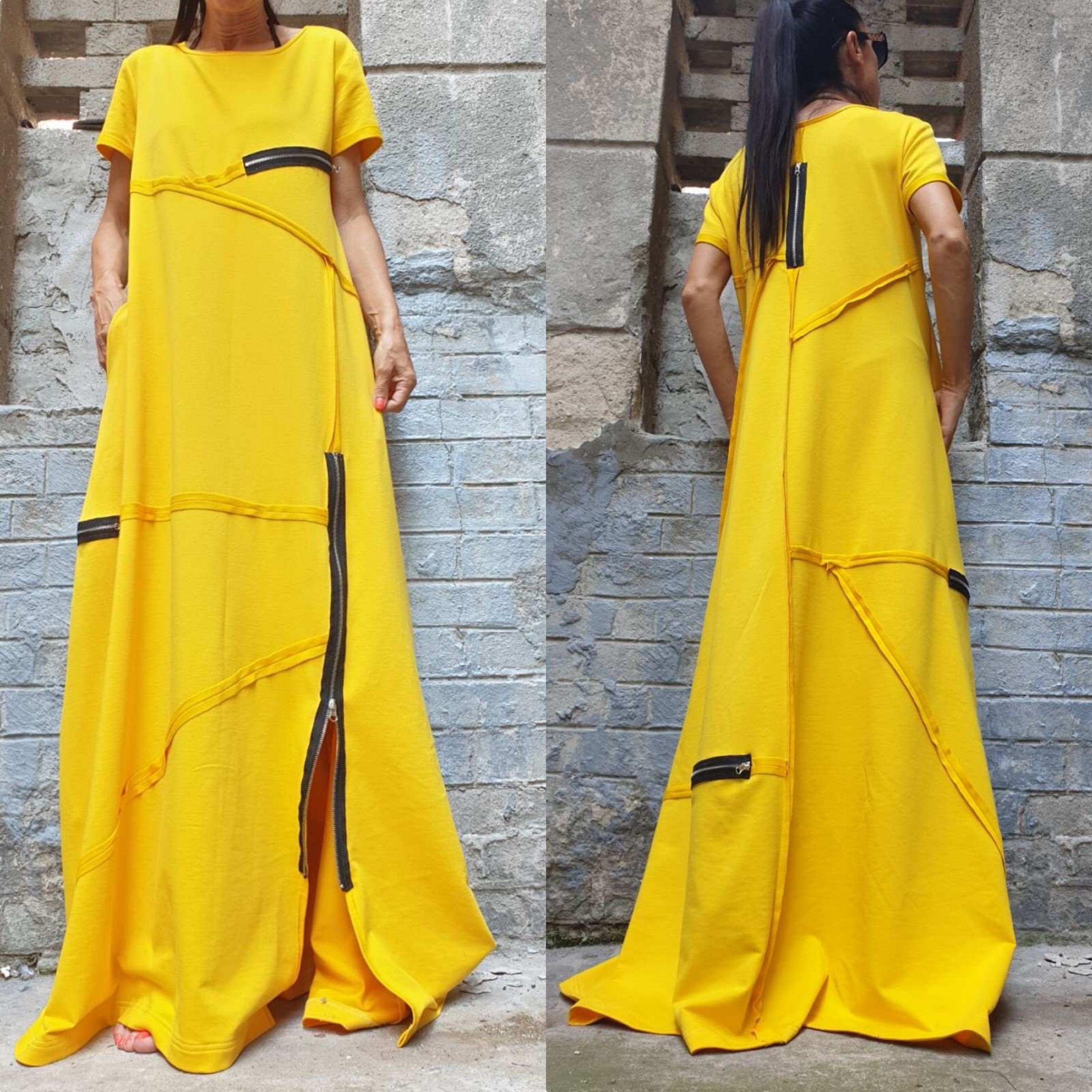 Yellow Maxi Dress – Loose Cotton Dress with Zippers / Short Sleeve Avantgarde Dress / Oversized Summer Dress / Designer Long Dress