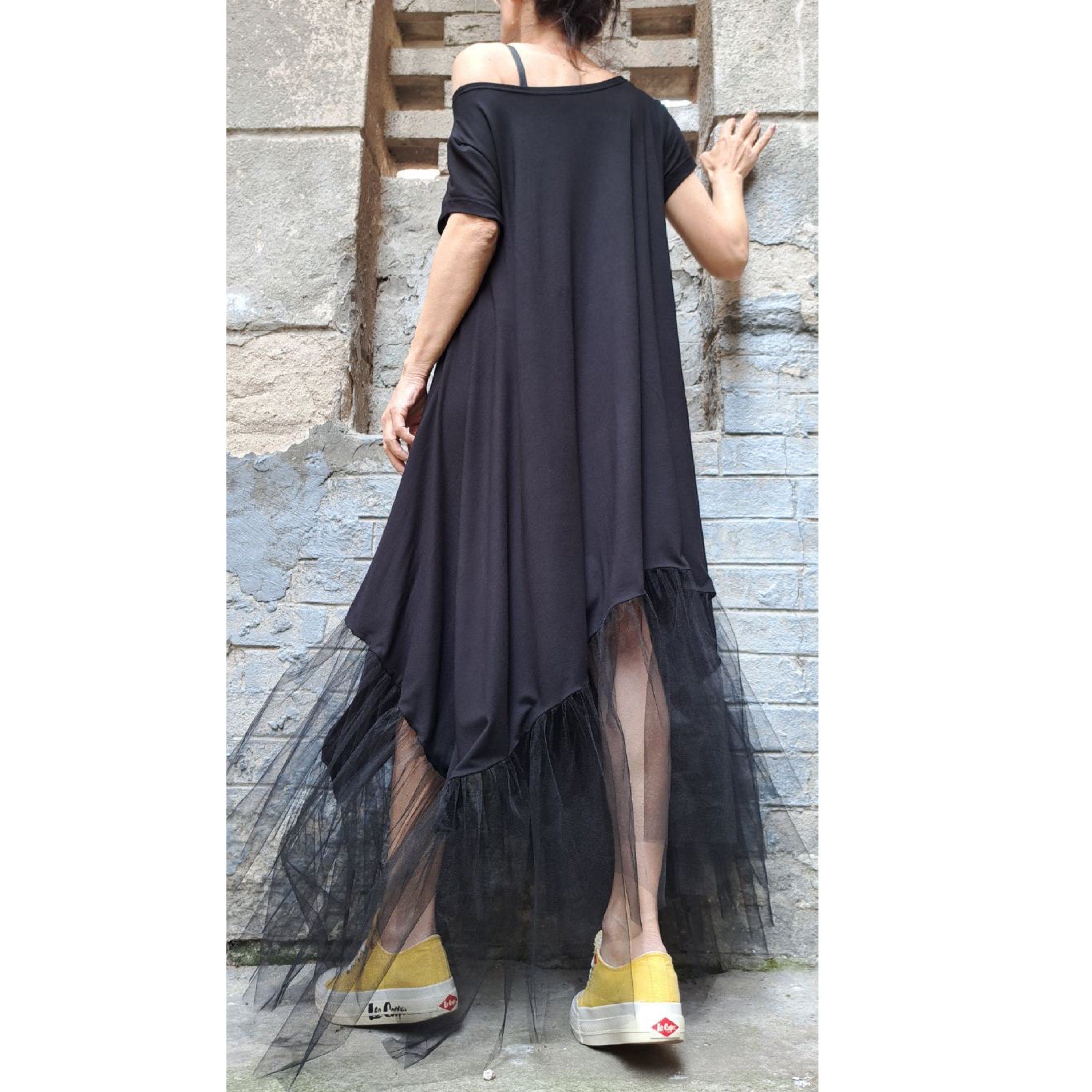 Black Asymmetrical Tulle Dress – Oversized Cotton Maxi Dress with Mesh Hem / Avant-Garde Loose Dress / Short Sleeve Kaftan  XS–5XL