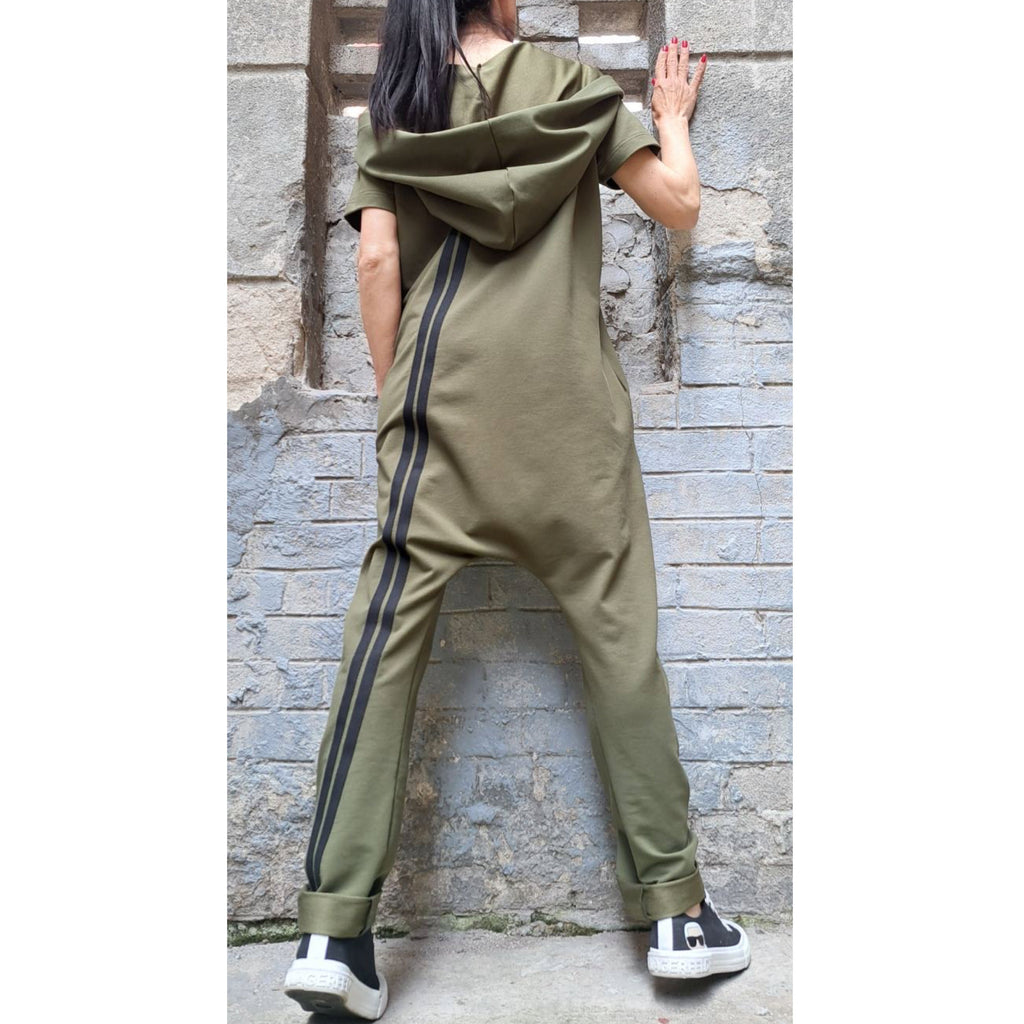 Women’s Hooded Harem Jumpsuit – Short Sleeve Urban Overall with Zipper / Cotton Streetwear Romper / Baggy Drop-Crotch Jumpsuit