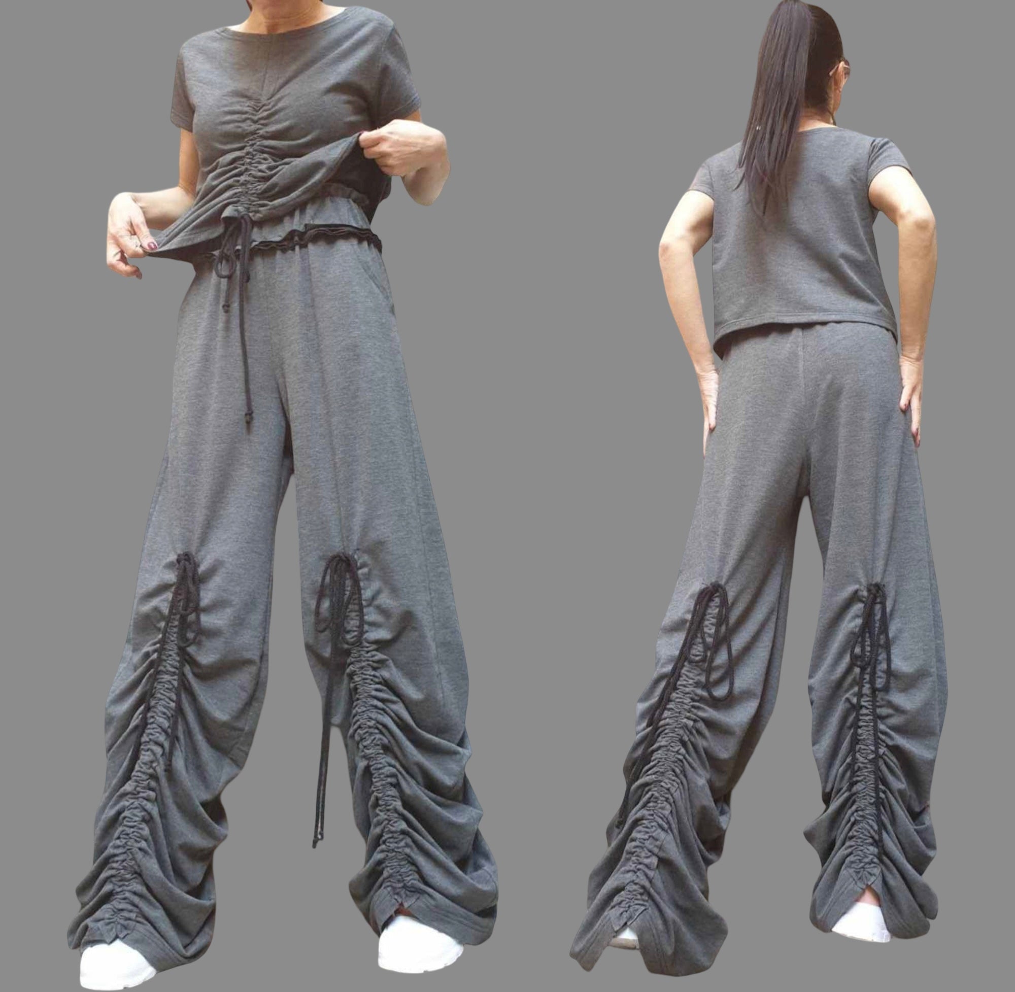 Dark Grey Cotton Women's Set: Asymmetric Blouse & High Waist Pants