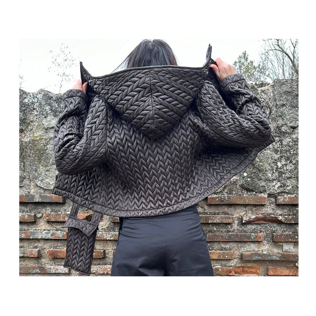 Brown Quilted Neoprene Jacket with Hood and Zipper – Asymmetric Designer Coat