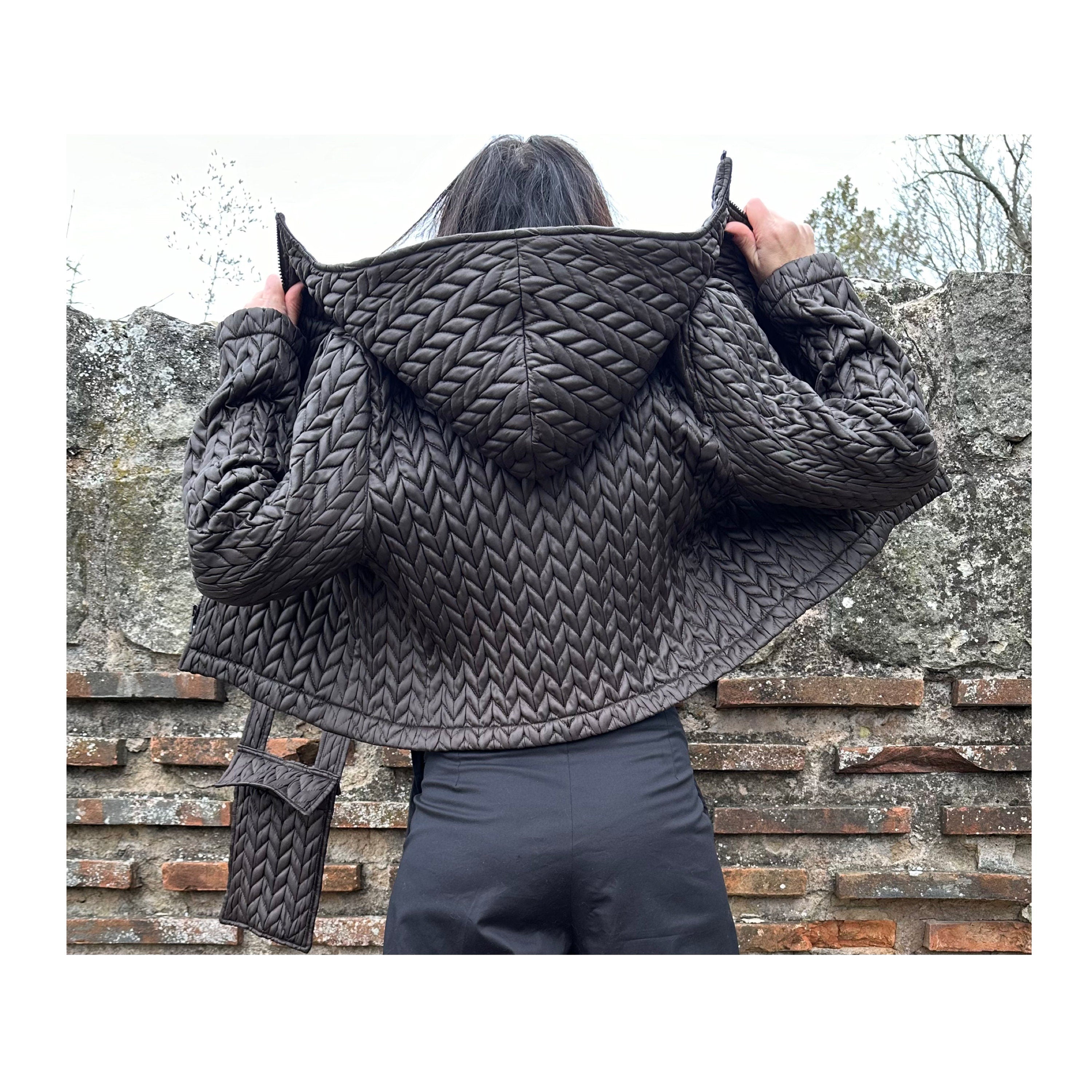 Brown Quilted Neoprene Jacket with Hood and Zipper – Asymmetric Designer Coat