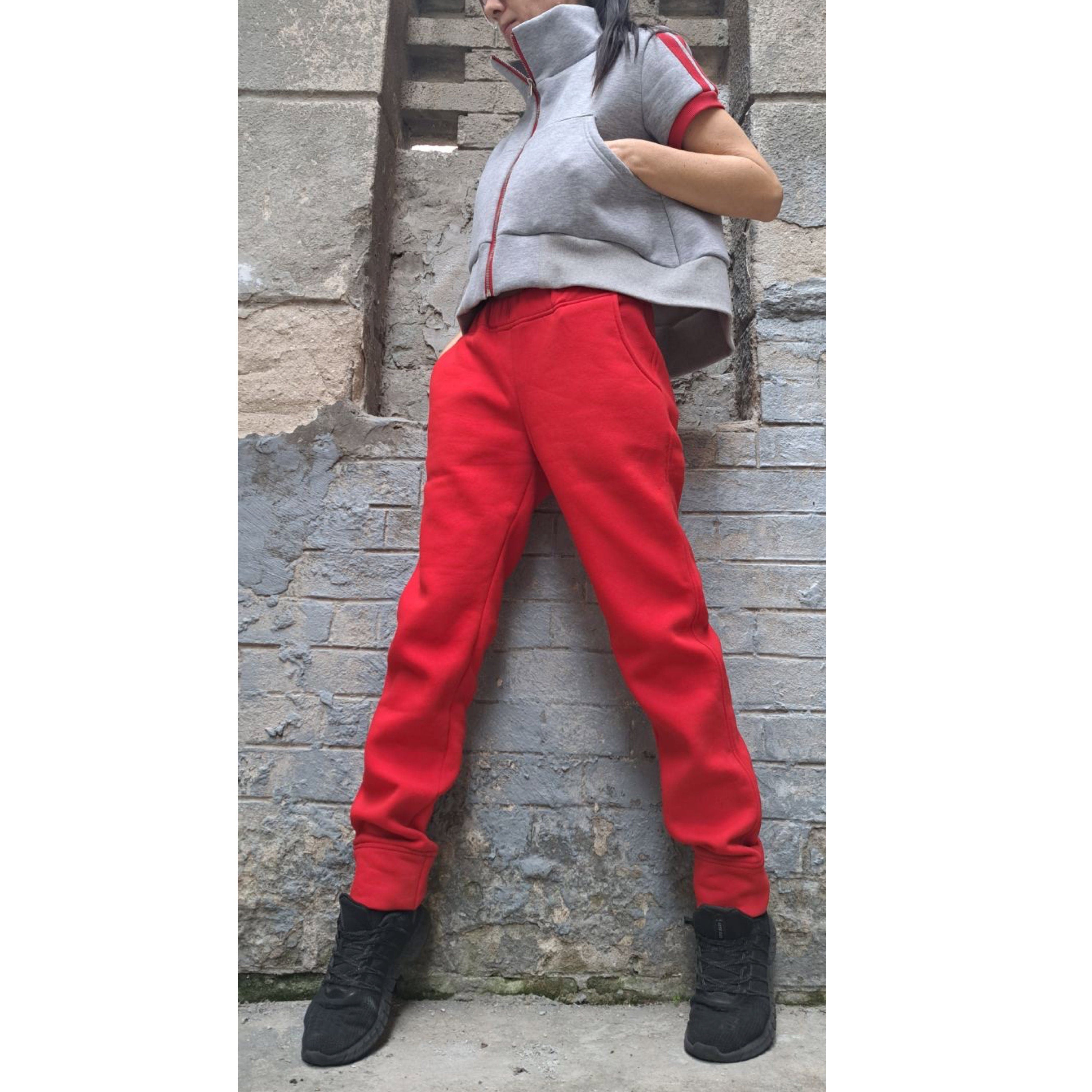 Red & Gray Tracksuit Set: High Waist Pants, Short Sleeve Top