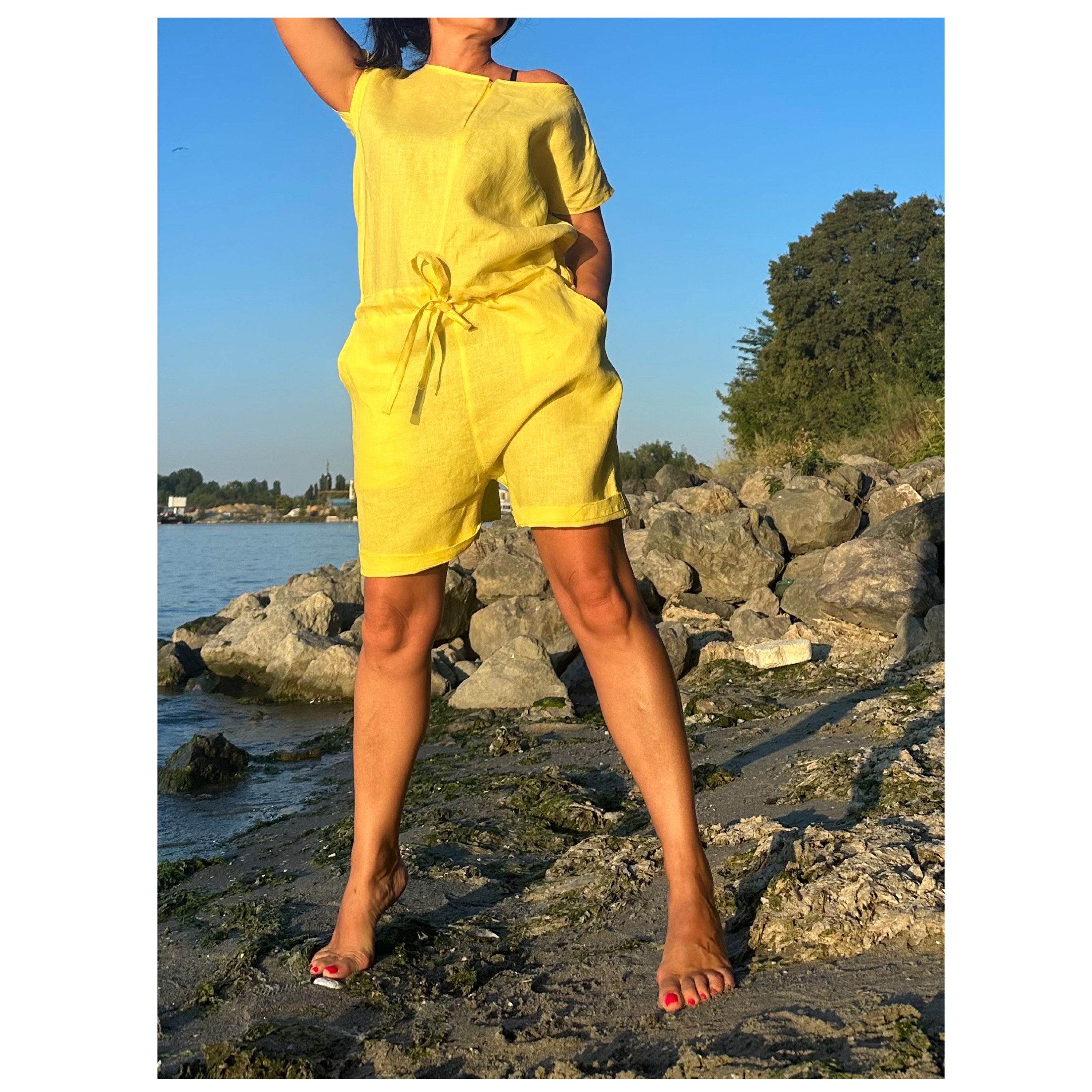 Yellow Linen Overalls / Sleeveless Open Back Summer Jumpsuit