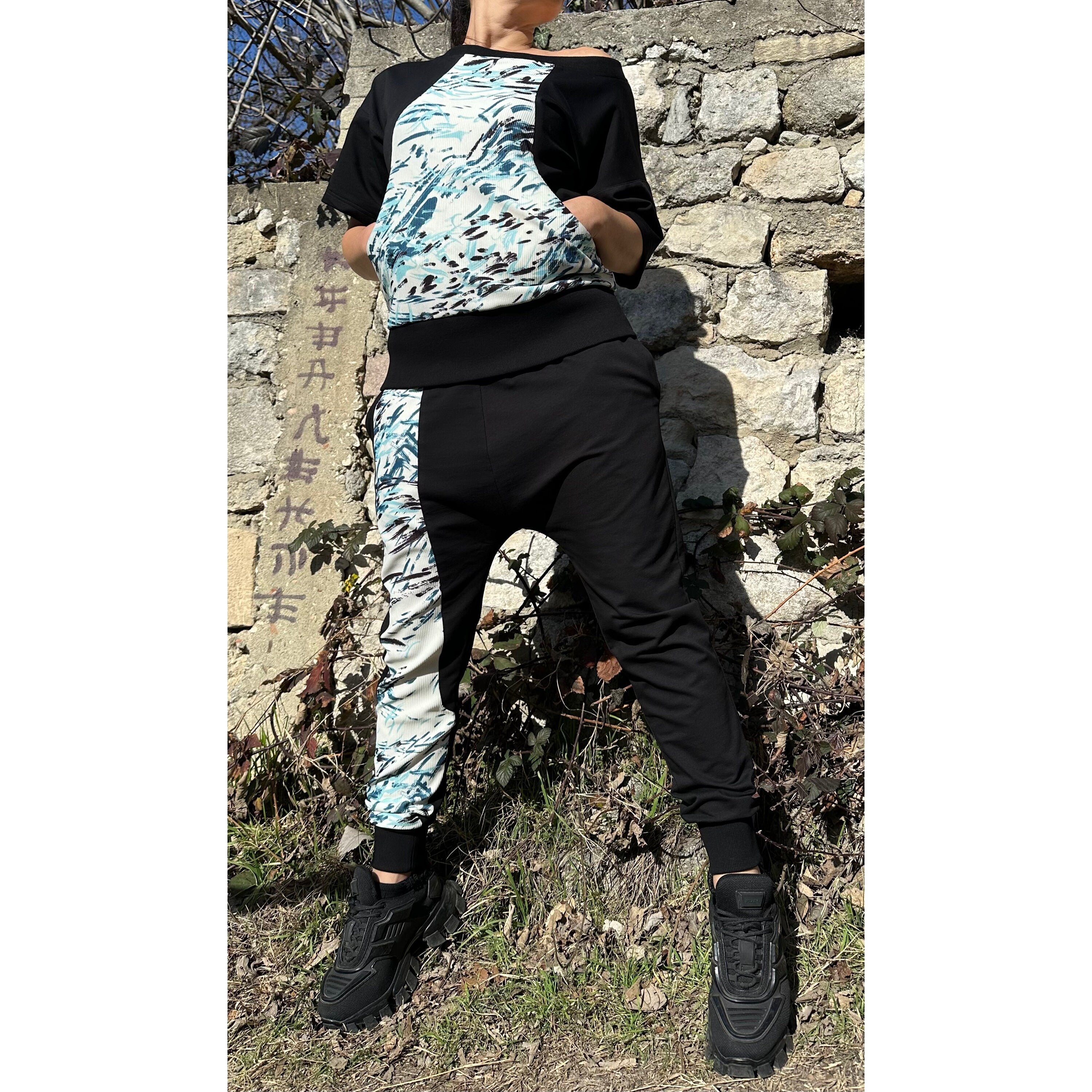 Streetwear Cotton Tracksuit – Handmade Jogger Pants and Short Sleeve Top with Neoprene Patches