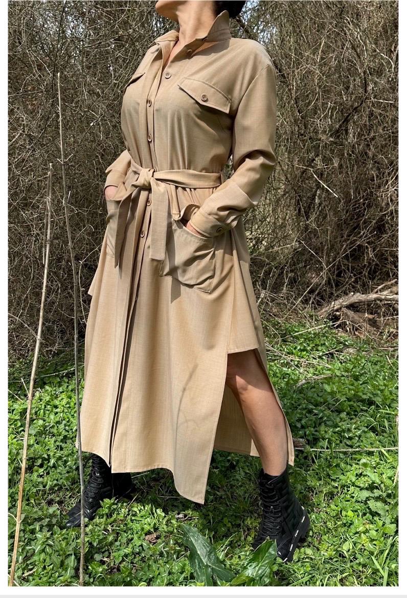 Grey Long Sleeve Shirt Dress: Belted Cotton-Blend Outwear