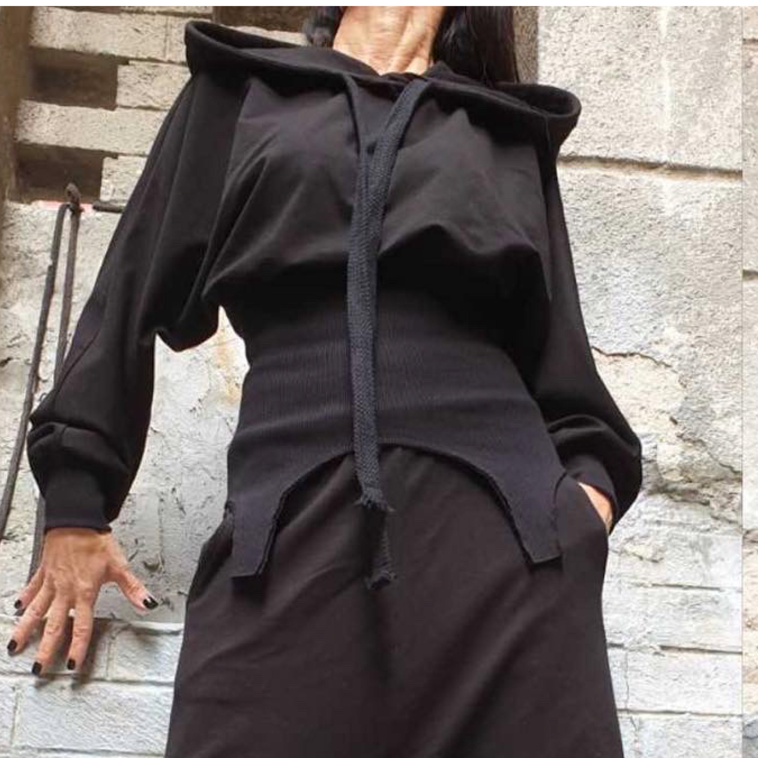 Asymmetric Hooded Blouse – Black Cotton Stretch Top with Ribbed Waist / Avant-Garde Long Sleeve Hoodie / Women’s Urban Fashion