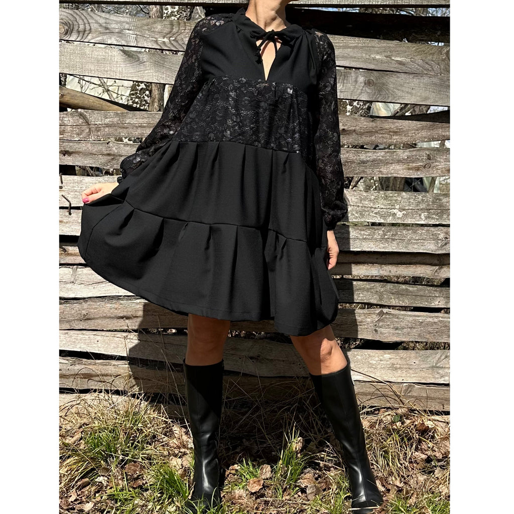 Black Tunic with Lace and Cotton – Long Sleeve Tiered Design / Boho Chic Handmade Dress