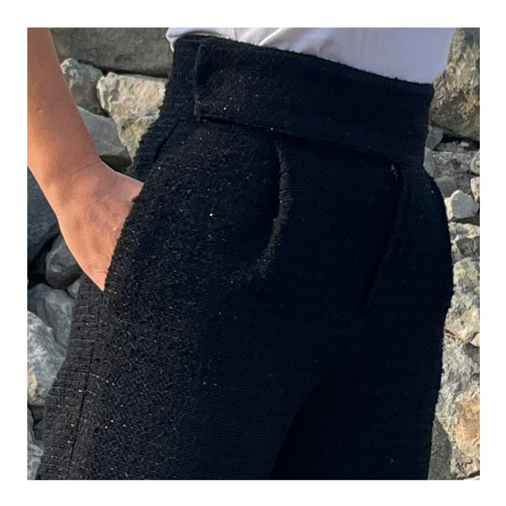 Black Tweed Wide-Leg Pants – High Waist Bouclé Trousers with Side Pockets