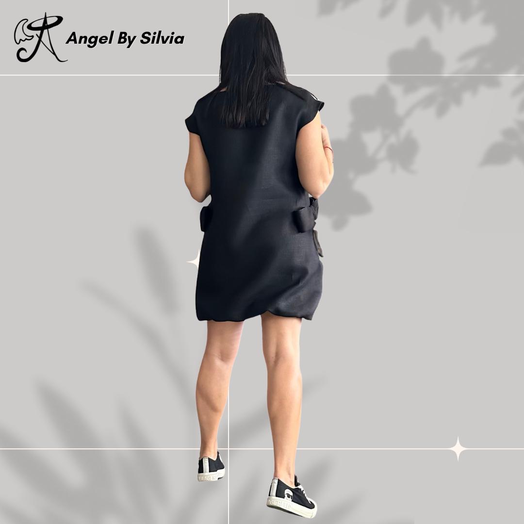 Black Linen Dress – Sleeveless Minimalist Tunic with Side Bows / Women’s Summer Shift Dress