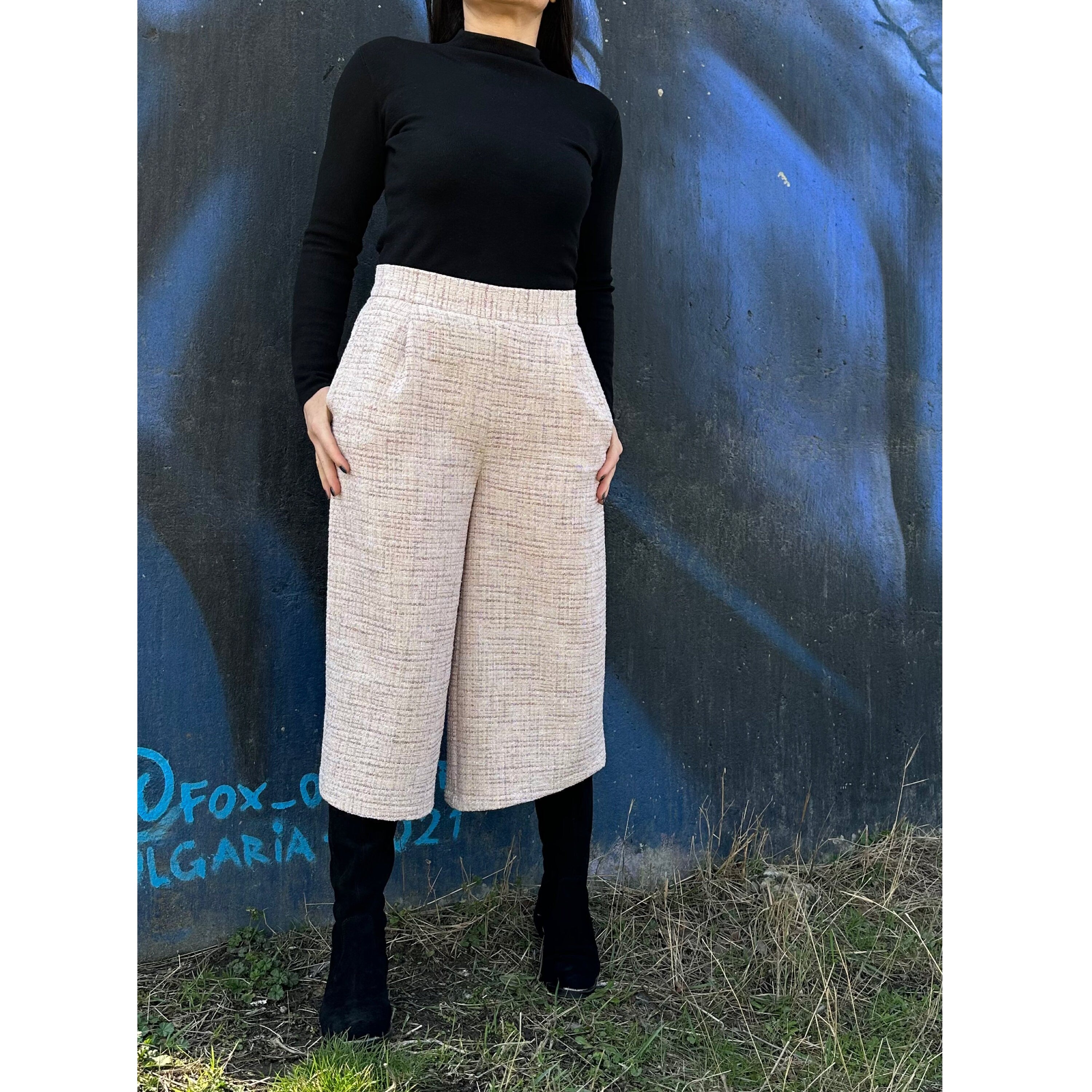 High Waist Beige Culottes: Wide Leg Cropped Pants