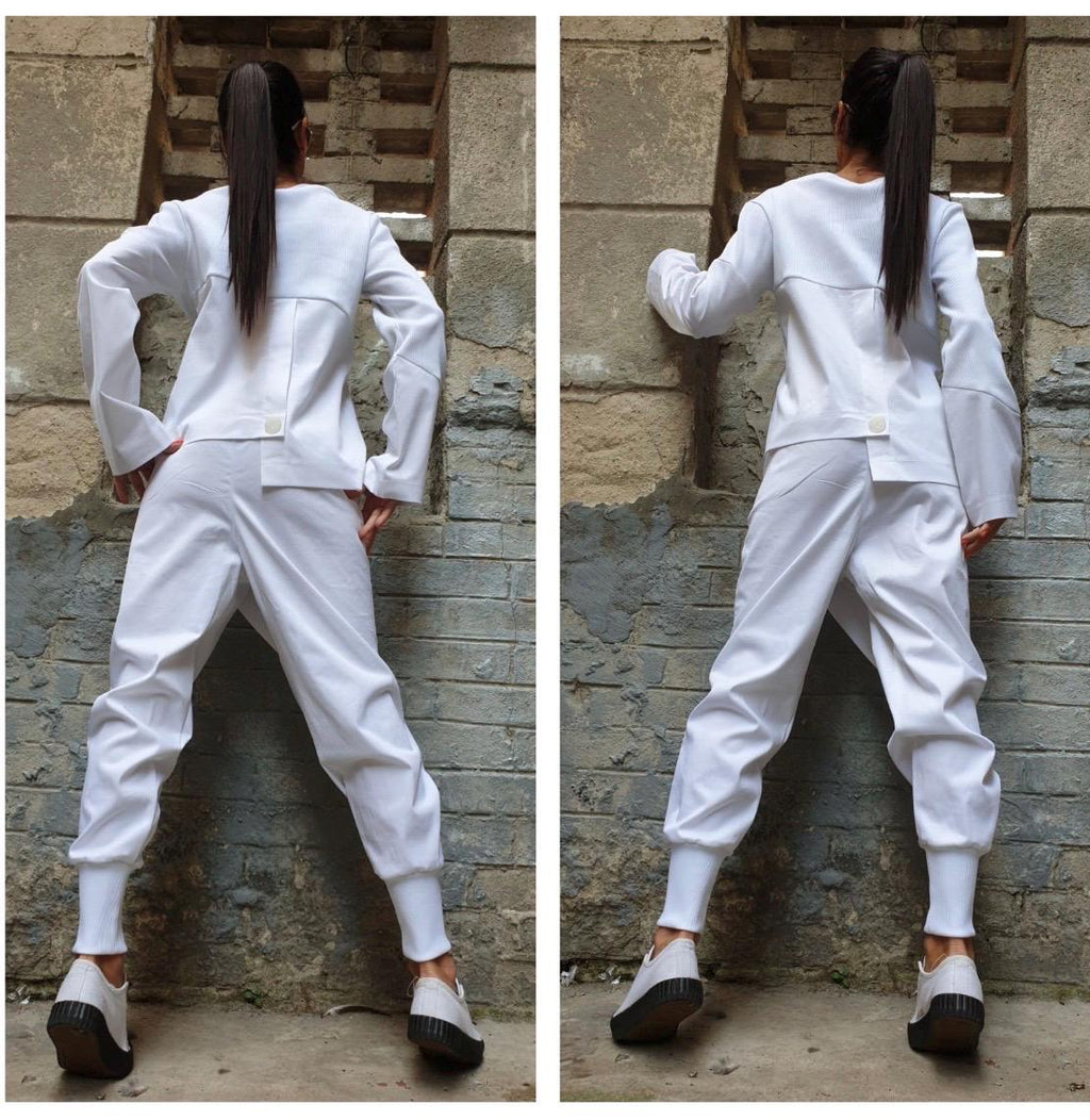 Black Asymmetric Two-Piece Set – Avant-Garde Women’s Outfit / Handmade Cotton Top & Drop Crotch Pants / Minimalist Modern Streetwear