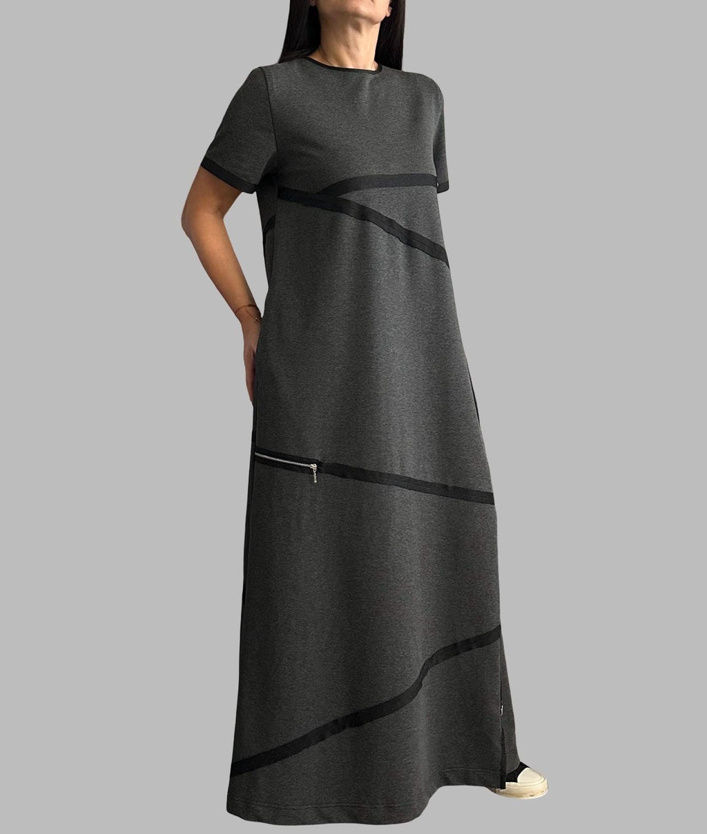 Modern Asymmetrical Maxi Dress / Cotton Urban Dress with Zipper