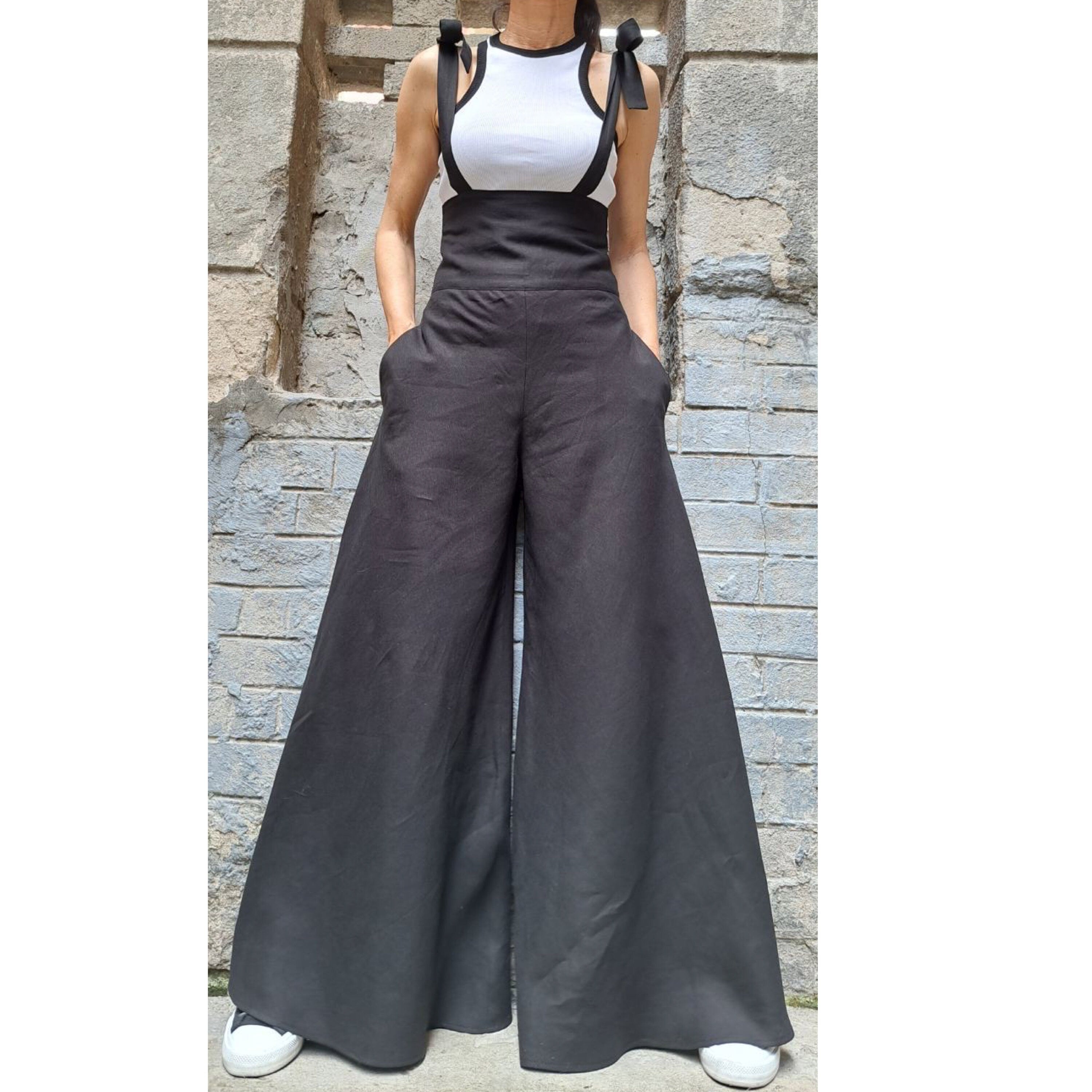 High-Waisted Linen Palazzo Pants with Straps – Wide Leg Linen Trousers for Women / Adjustable Tie Straps , Side Pockets , Zipper Closure