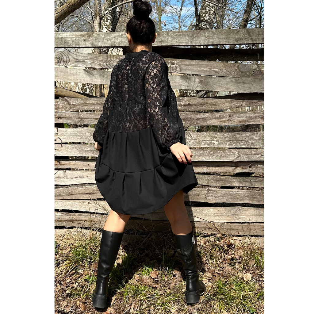 Black Tunic with Lace and Cotton – Long Sleeve Tiered Design / Boho Chic Handmade Dress