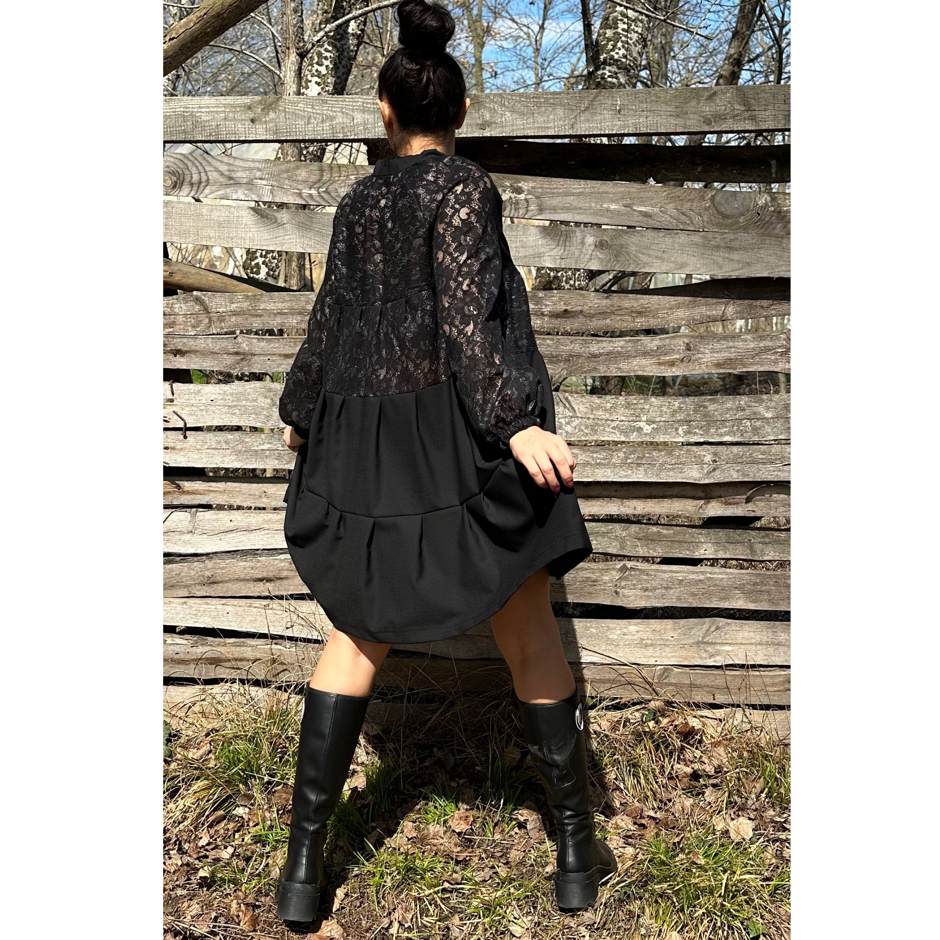 Black Tunic with Lace and Cotton – Long Sleeve Tiered Design / Boho Chic Handmade Dress