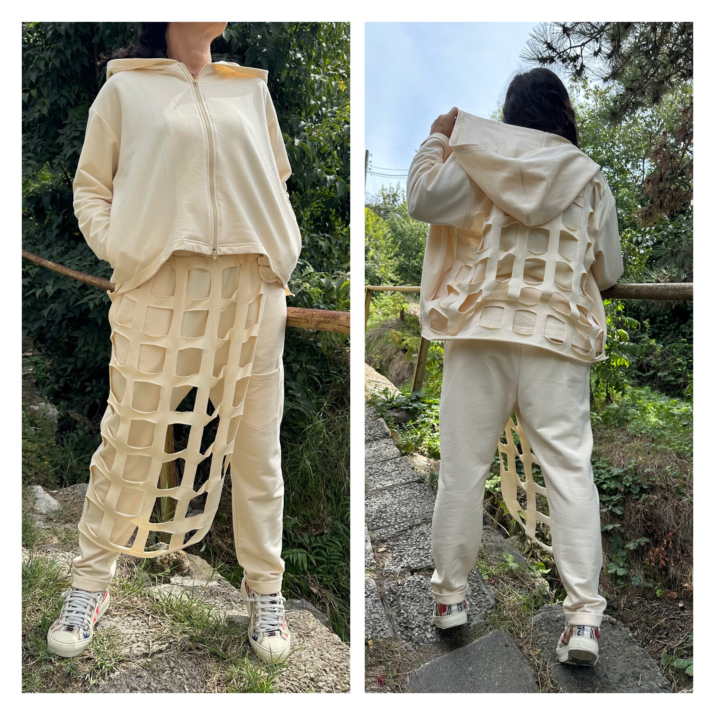 Handmade Cut-Out Hoodie and Pants Set / Designer Loungewear in Cotton-Elastane / Urban Streetwear Outfit