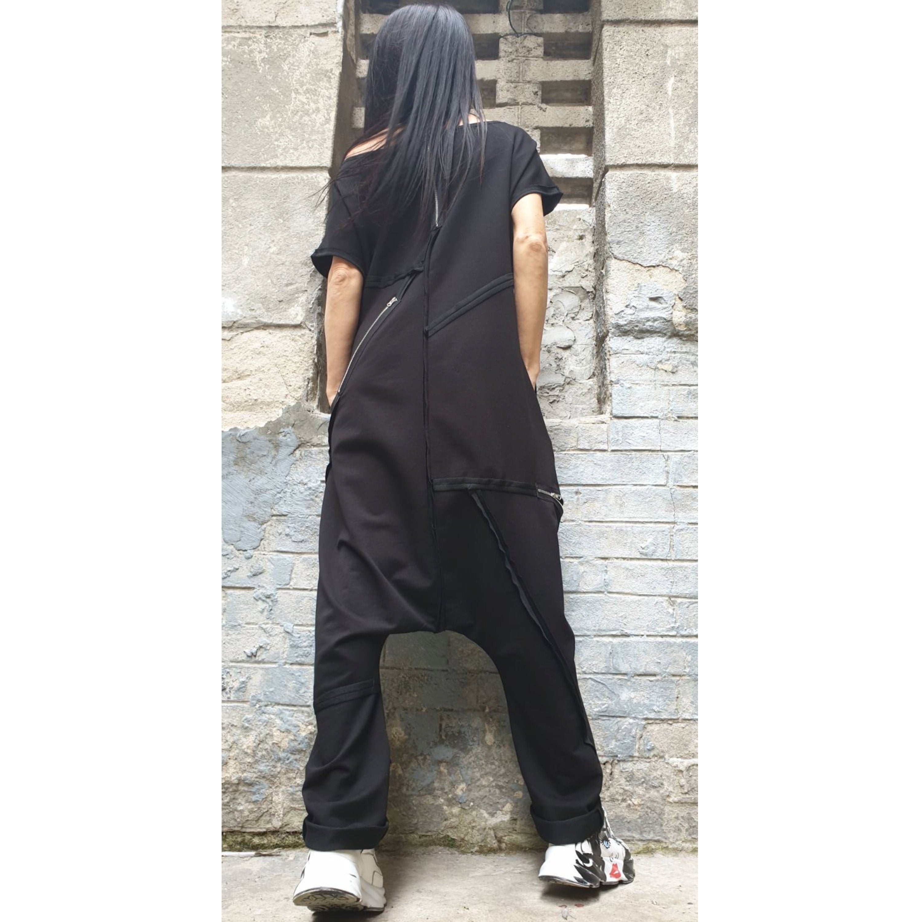 Black Asymmetrical Jumpsuit with Short Sleeves – Designer Cut / Exposed Seams & Zippers / Two-Thread Fleece Romper with Side Pockets