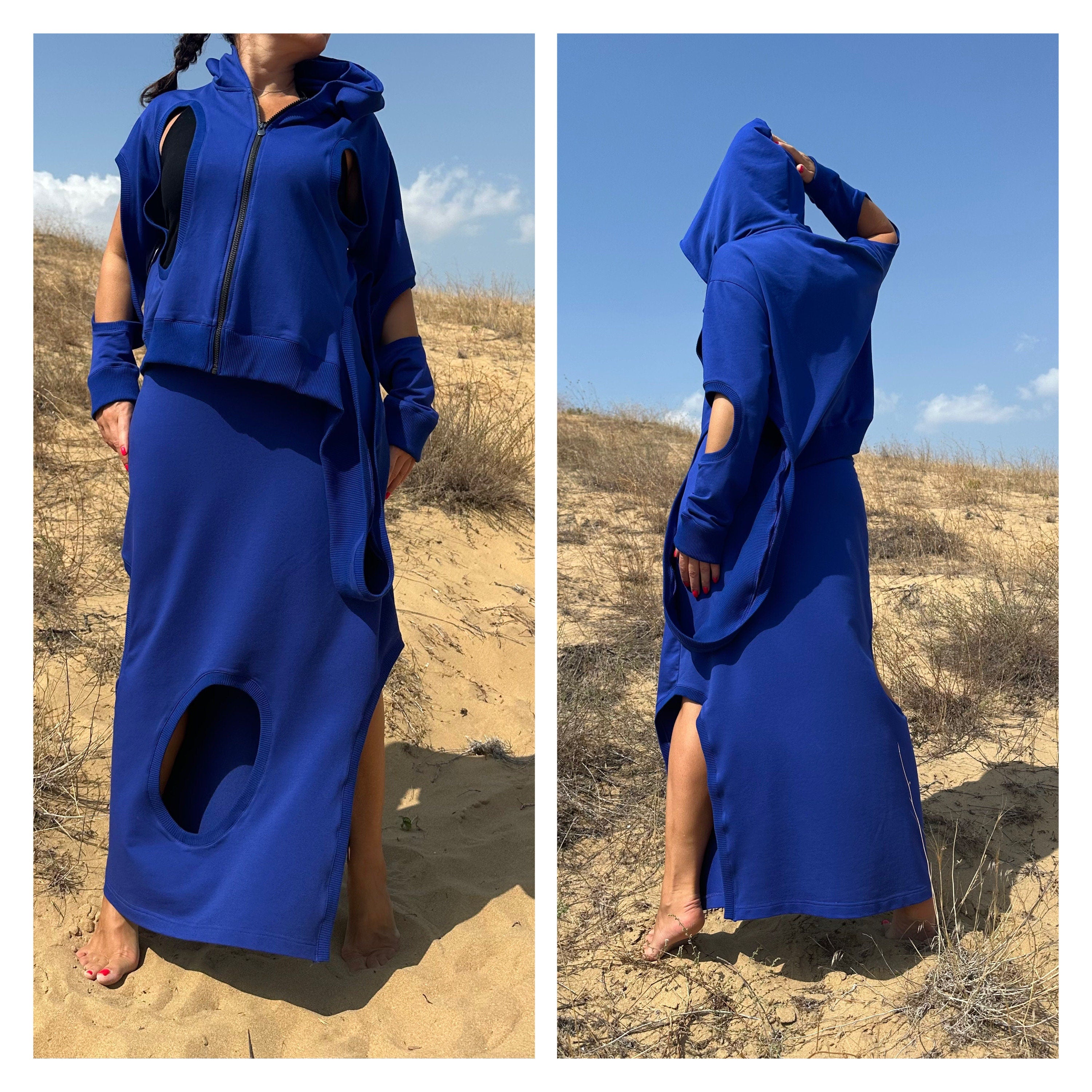Asymmetric Blue Hoodie with Zipper and Cut-Out Sleeves – Summer & Spring Streetwear