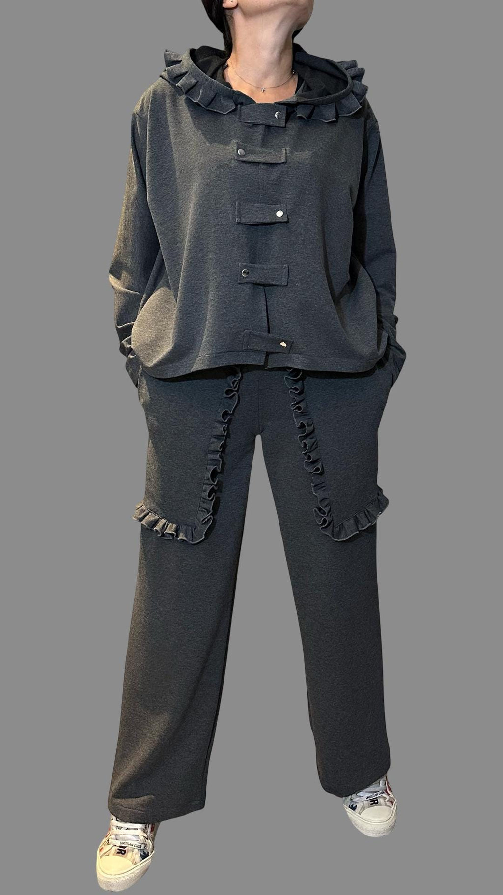 Ruffle Trim Cotton Tracksuit /  Asymmetric Hoodie & High-Waisted Pants / Two-Piece Women’s Streetwear Set