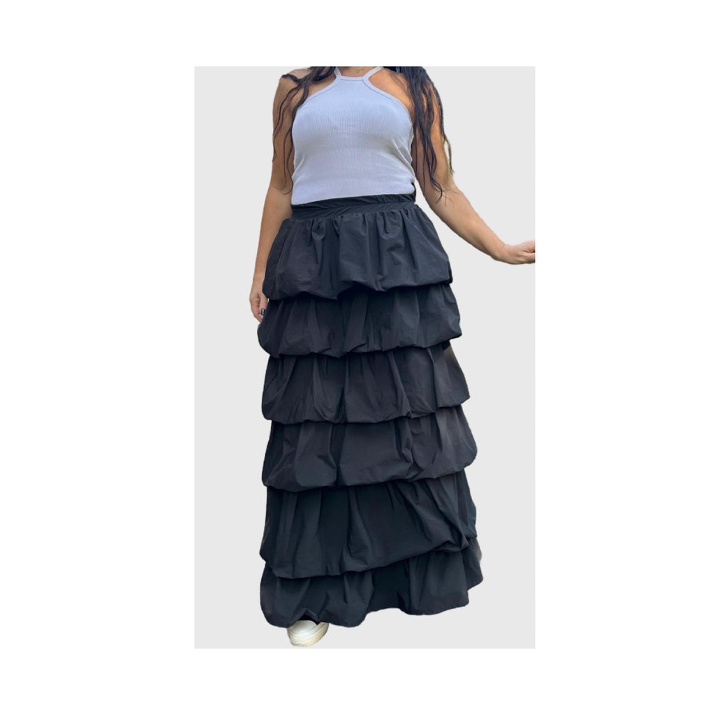 Black Ruffled Maxi Skirt – High Waist Lightweight Nylon with Elastic Tiers