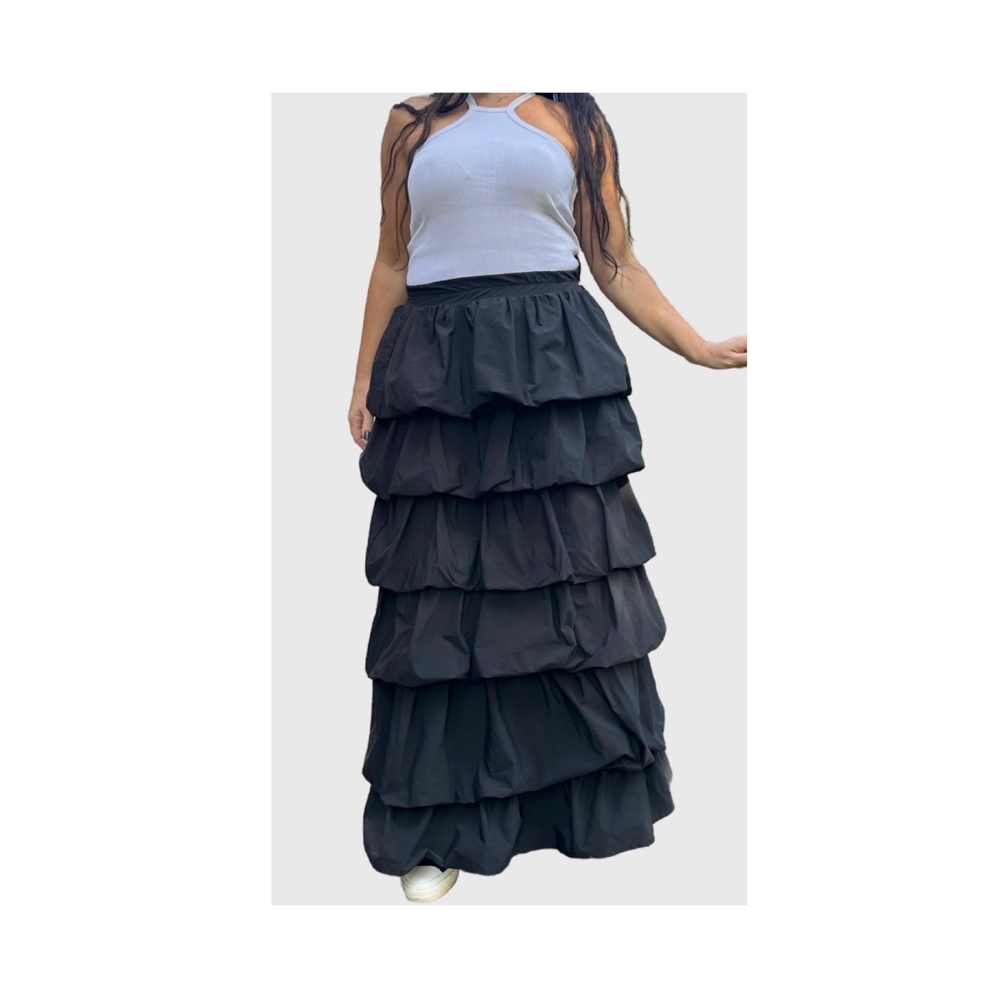 Black Ruffled Maxi Skirt – High Waist Lightweight Nylon with Elastic Tiers