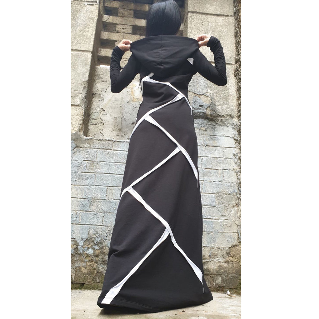 Black Hooded Maxi Dress – Asymmetric Cotton Dress with White Trim / Long Sleeve Avant-Garde Dress with Pockets / Cotton Blend Fleece  XS–5X