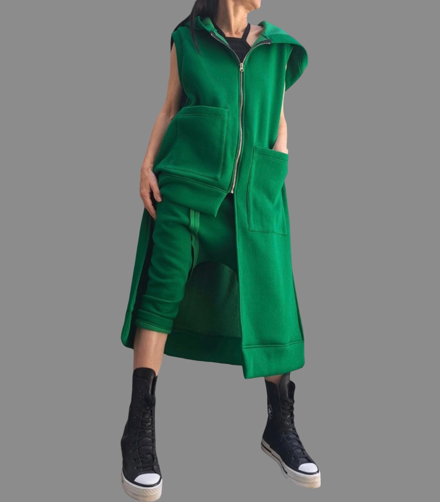Asymmetric Green Vest & Pants Set / Winter Cotton Outfit with Hood / Three-Thread Fleece Tracksuit / Designer Women’s Set XS–5XL