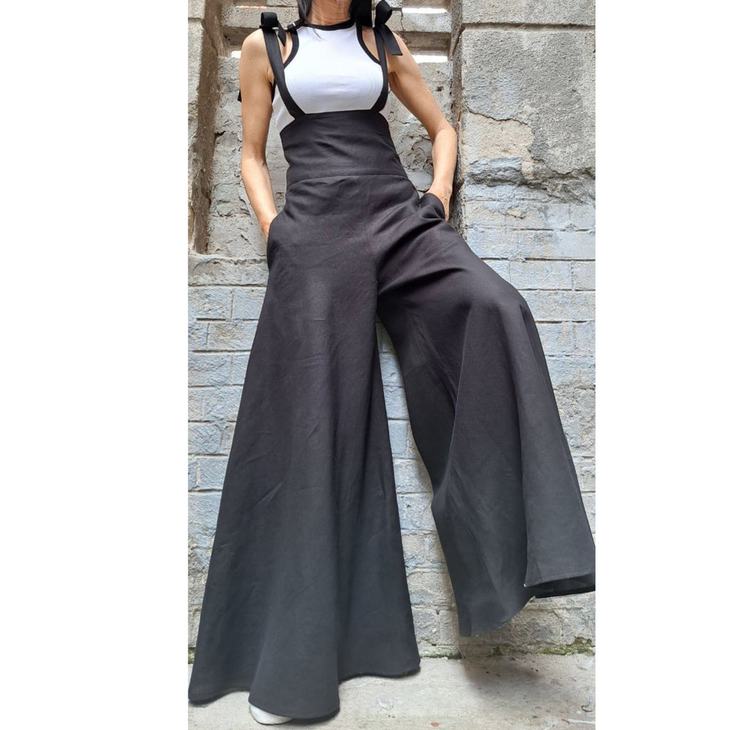 High-Waisted Linen Palazzo Pants with Straps – Wide Leg Linen Trousers for Women / Adjustable Tie Straps , Side Pockets , Zipper Closure