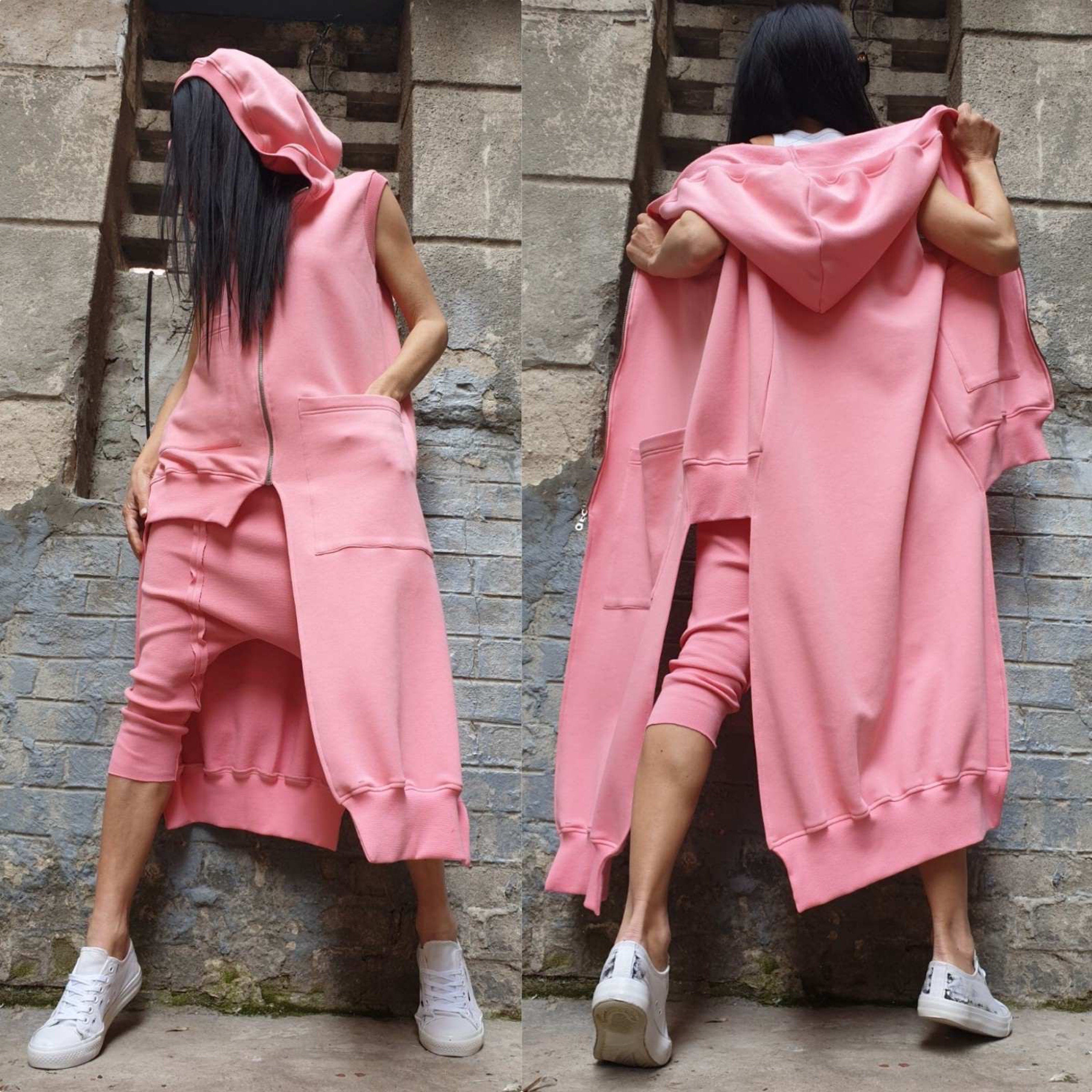 Pink Asymmetric Hooded Vest & Harem Pants Set – Warm Cotton Fleece Outfit / Avant-Garde Urban Two Piece