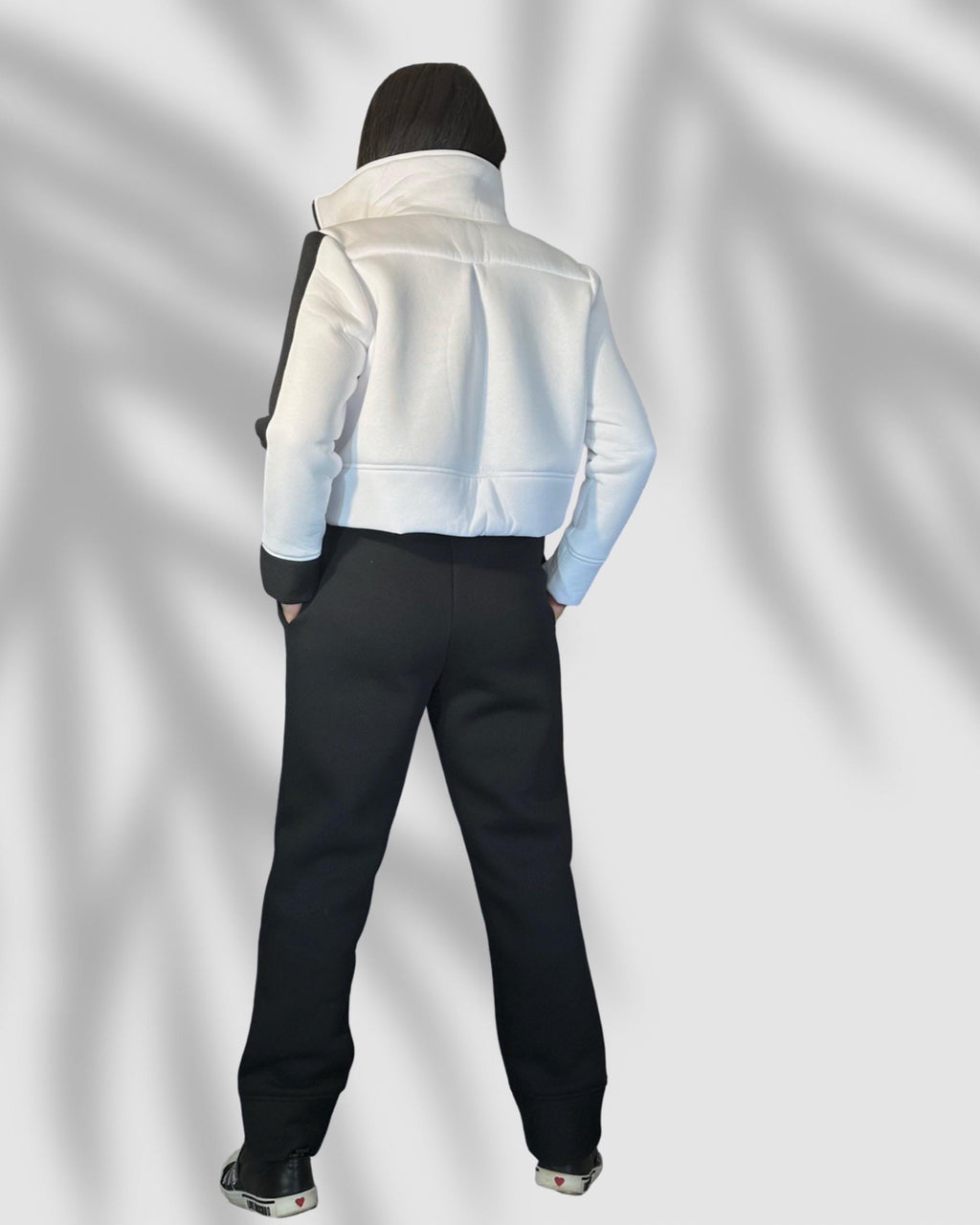 Black  White Fleece Set – Cropped Jacket & High Waist Joggers / Warm Two-Piece Tracksuit