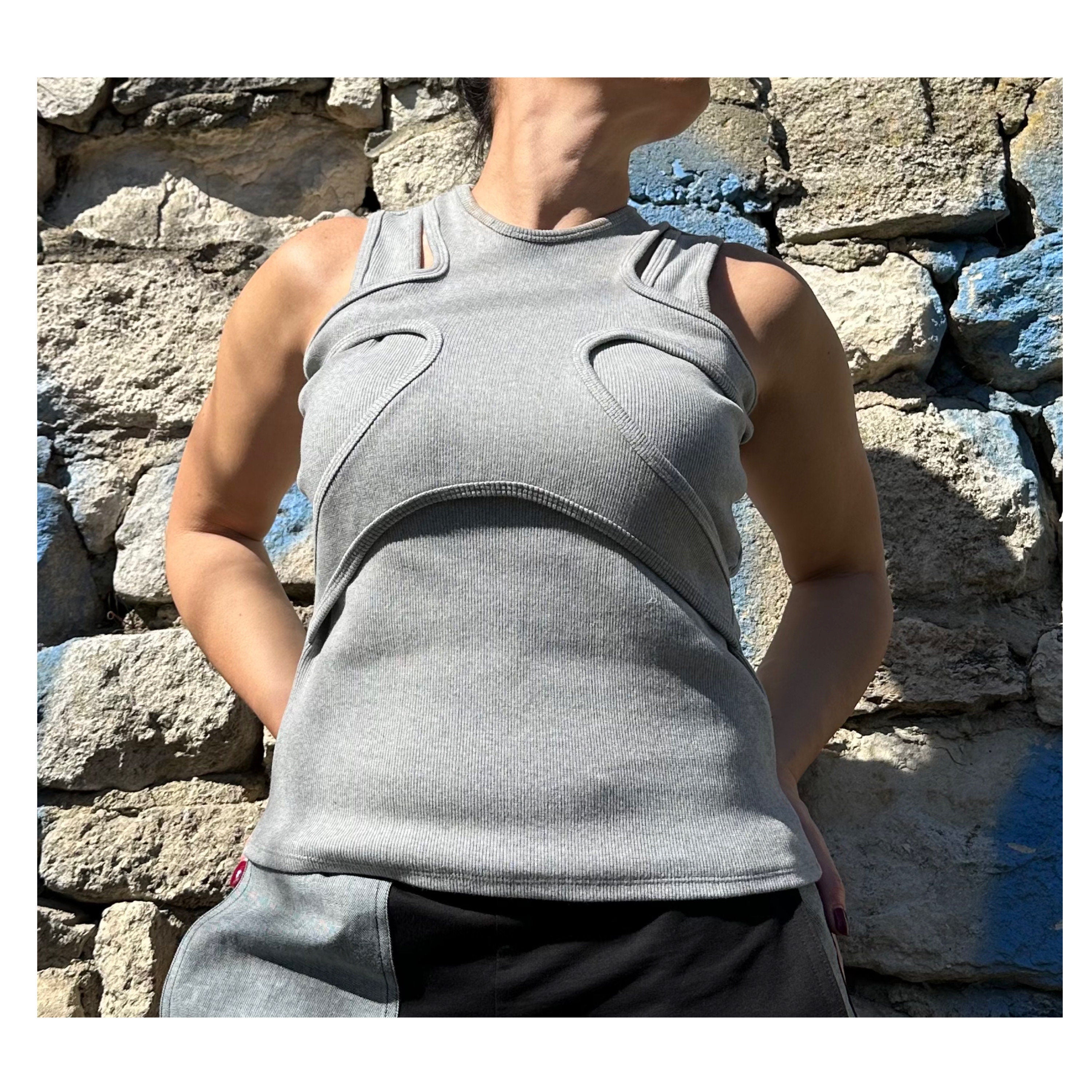 Grey Asymmetric Cotton Tank Top: Extravagant Sleeveless Blouse
