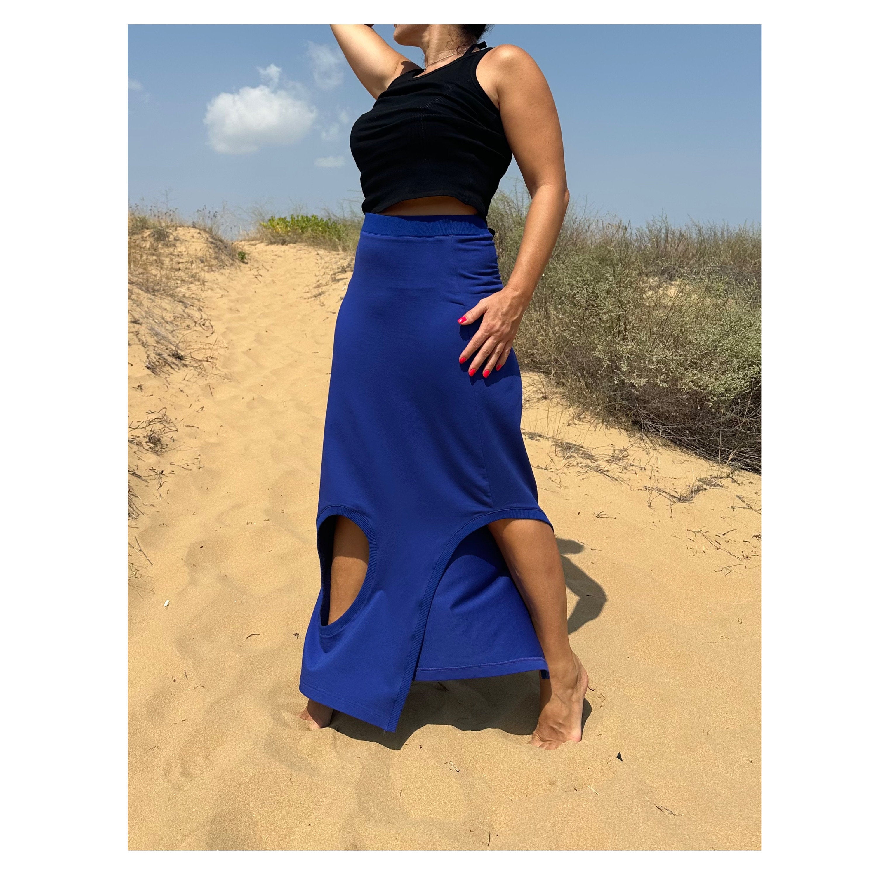 High-Waisted Cotton Skirt – Blue Maxi Skirt with Side Cut-Out and Slit / Handmade Summer Fashion