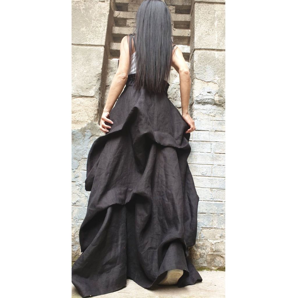 High Waist Linen Maxi Skirt / Avantgarde Asymmetric Black Skirt