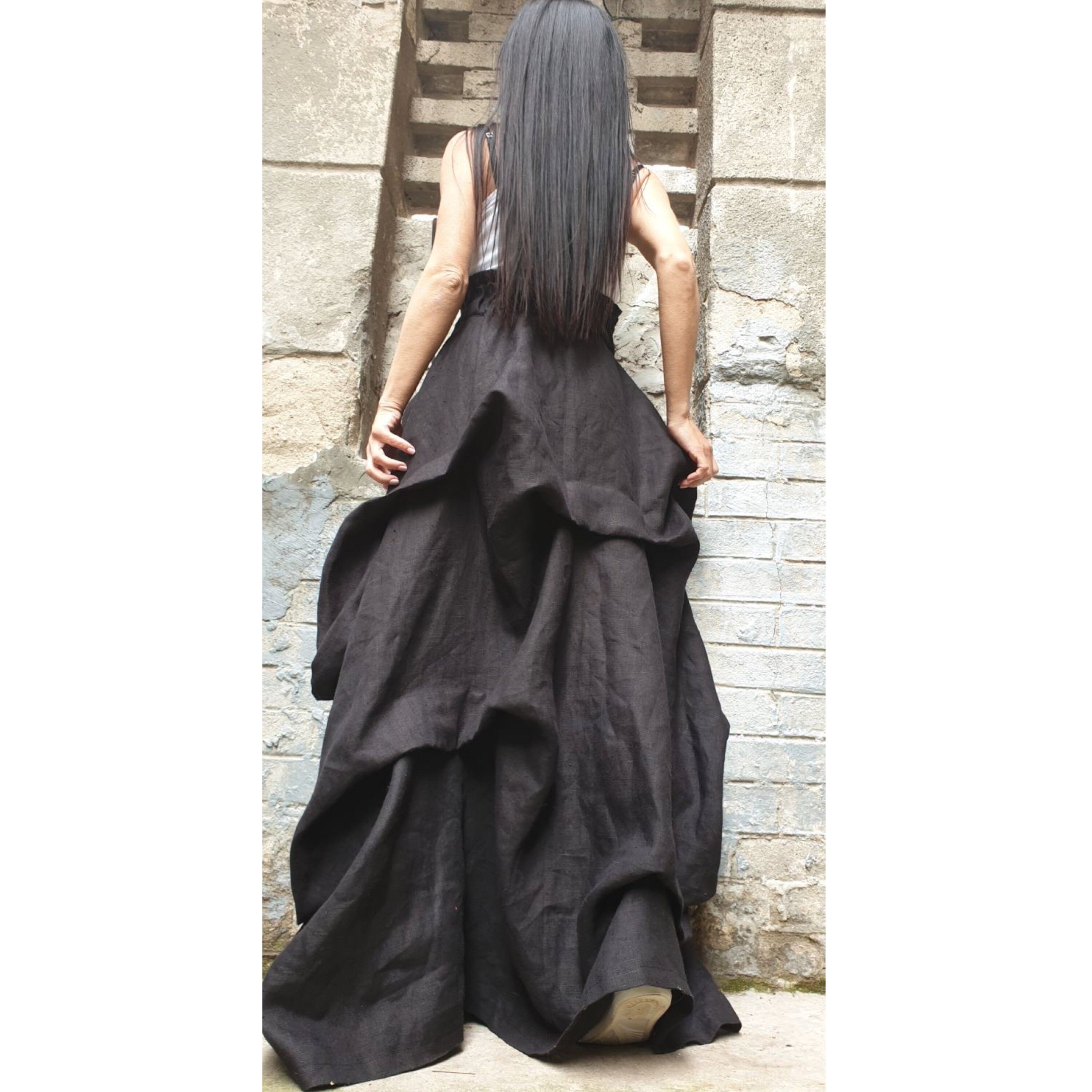 High Waist Linen Maxi Skirt / Avantgarde Asymmetric Black Skirt