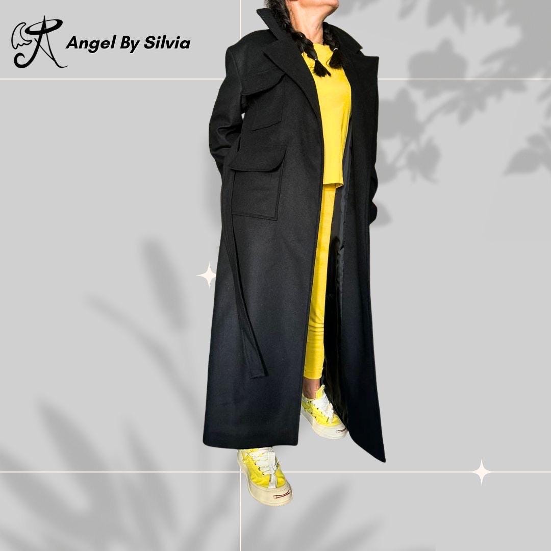Black Wool Blend Belted Trench Coat: Classic Winter Style