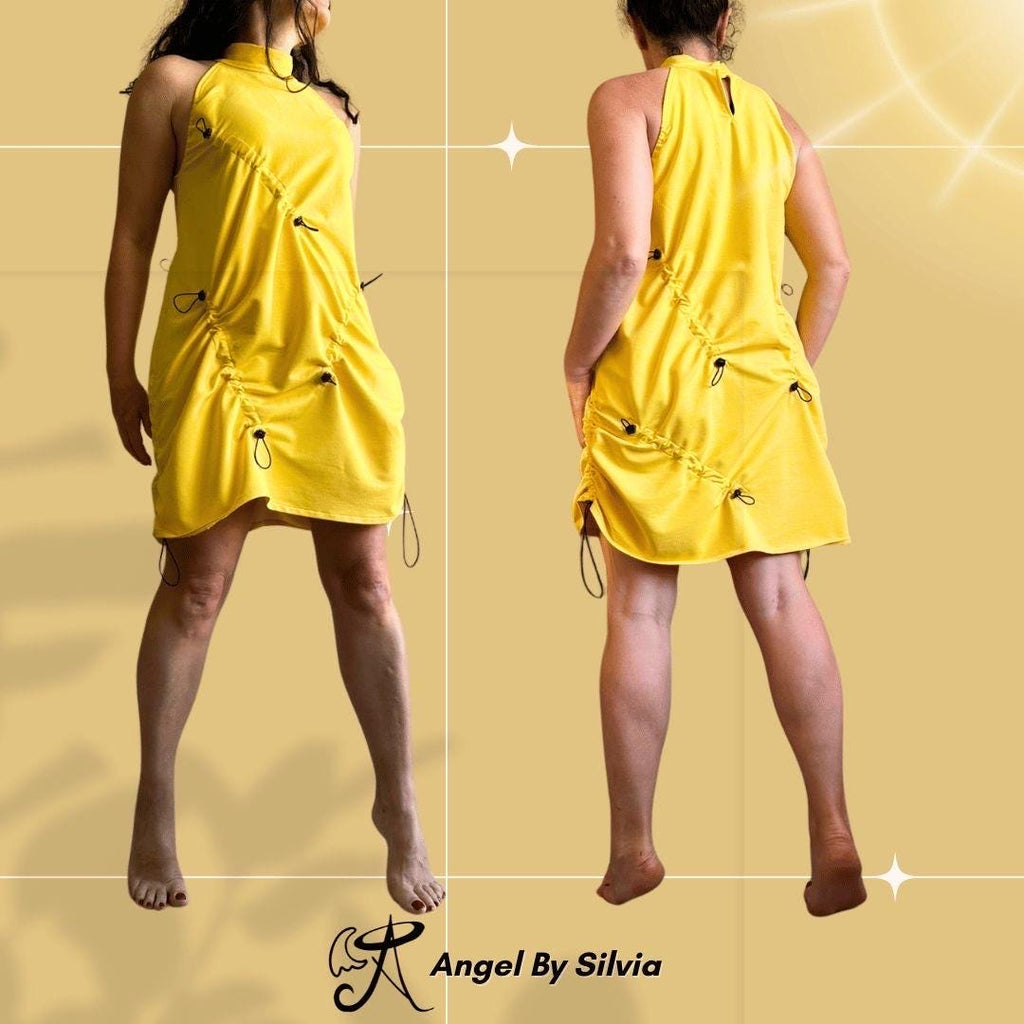Yellow Drawstring Summer Dress – Sleeveless Halter Style with Adjustable Ruching