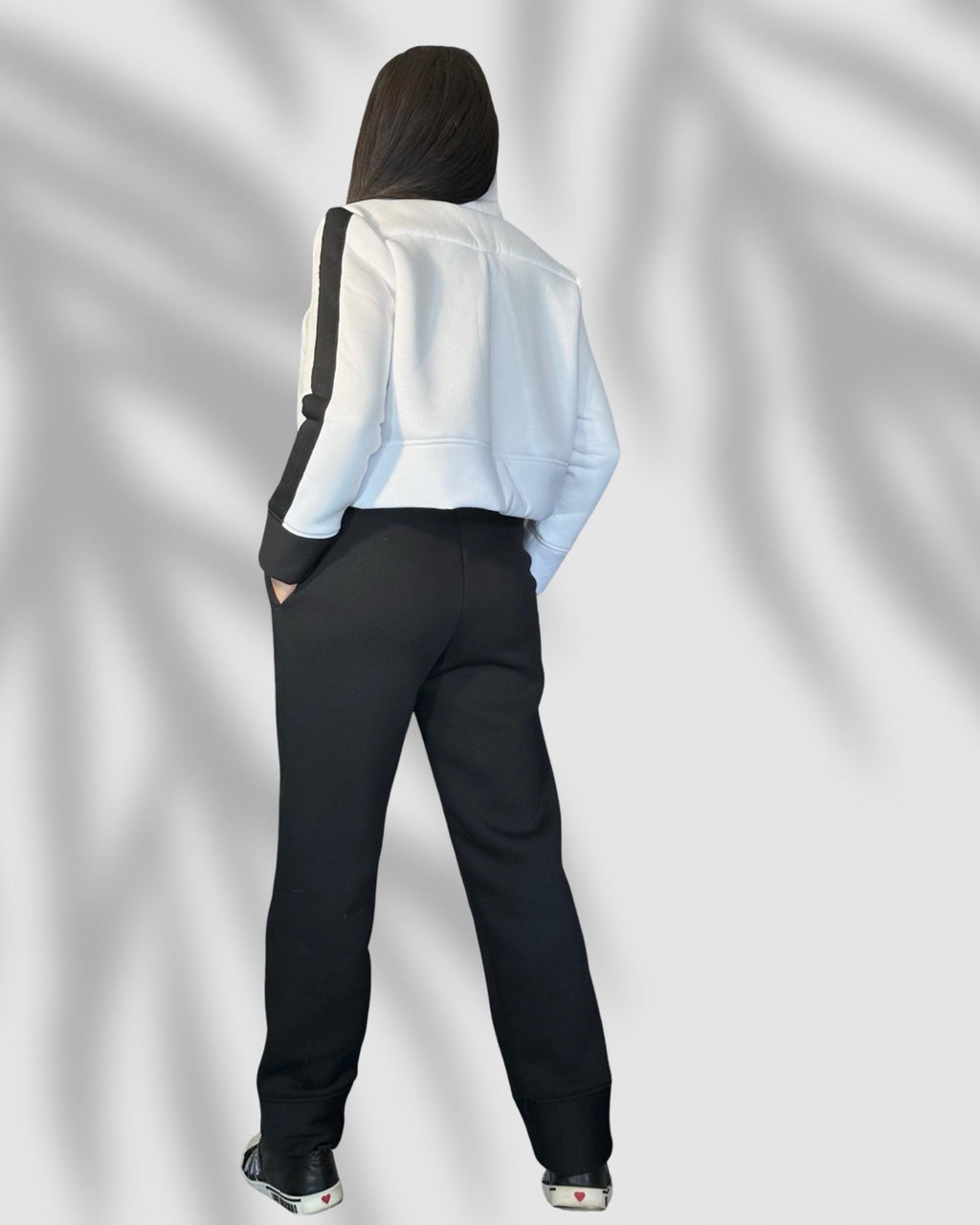 Black  White Fleece Set – Cropped Jacket & High Waist Joggers / Warm Two-Piece Tracksuit