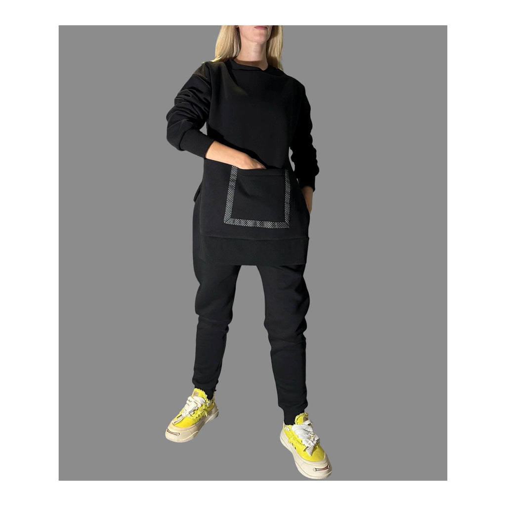 Women’s Winter Fleece Set – Asymmetric Sweatshirt & High-Waisted Joggers / Thick Three-Thread Cotton Tracksuit / Warm Black Two-Piece Outfit